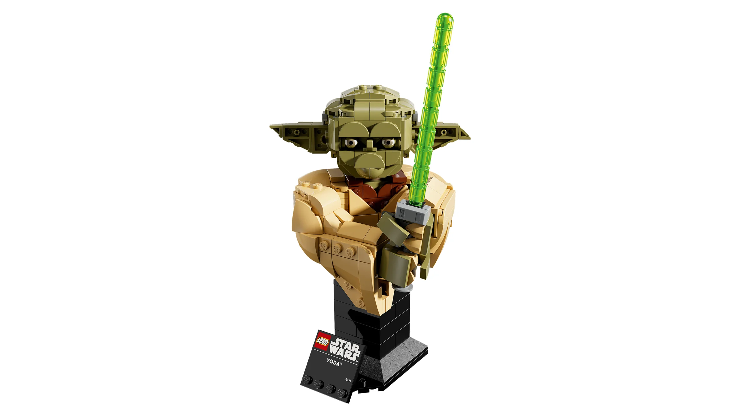 Bustul LEGO Yoda, detaliat și realist. Perfect pentru fanii Star Wars și pasionații LEGO.
