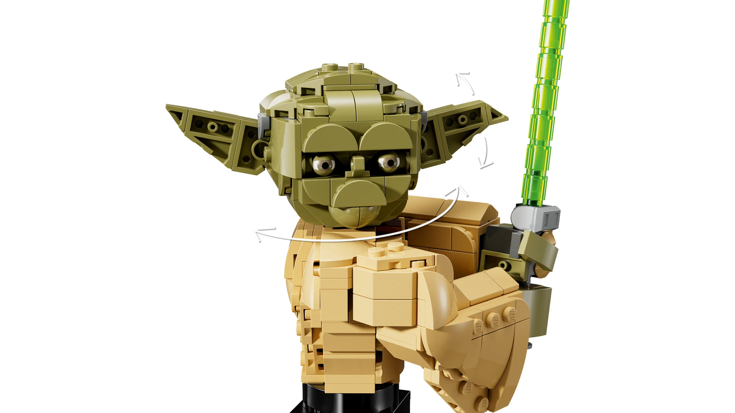 Bustul LEGO Yoda, un model detaliat cu sabia laser, arătând posibilitatea de ajustare a urechilor.