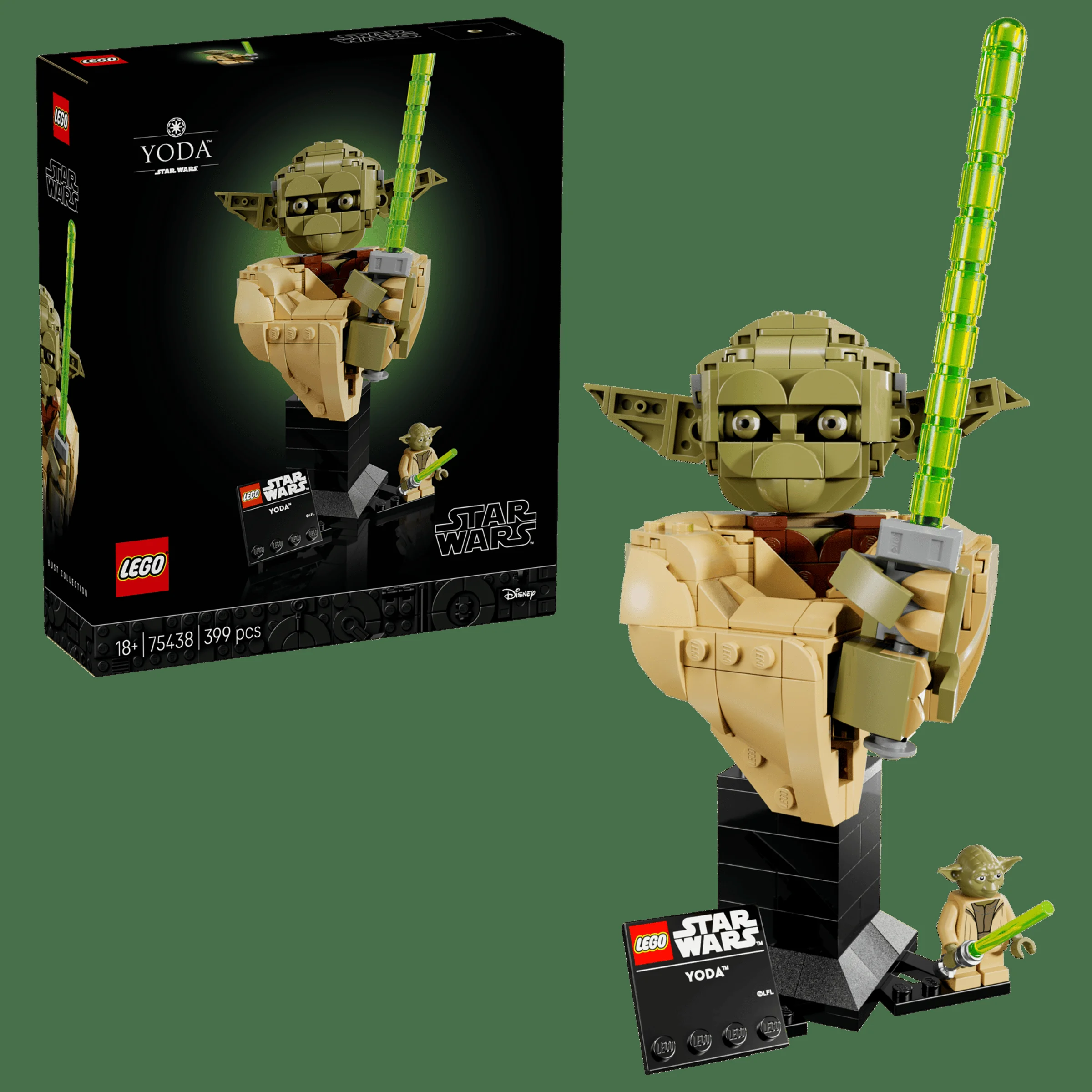 Imagine cu setul LEGO 75438 Yoda Bust și cutia, un model detaliat Star Wars, ideal pentru colecționari.
