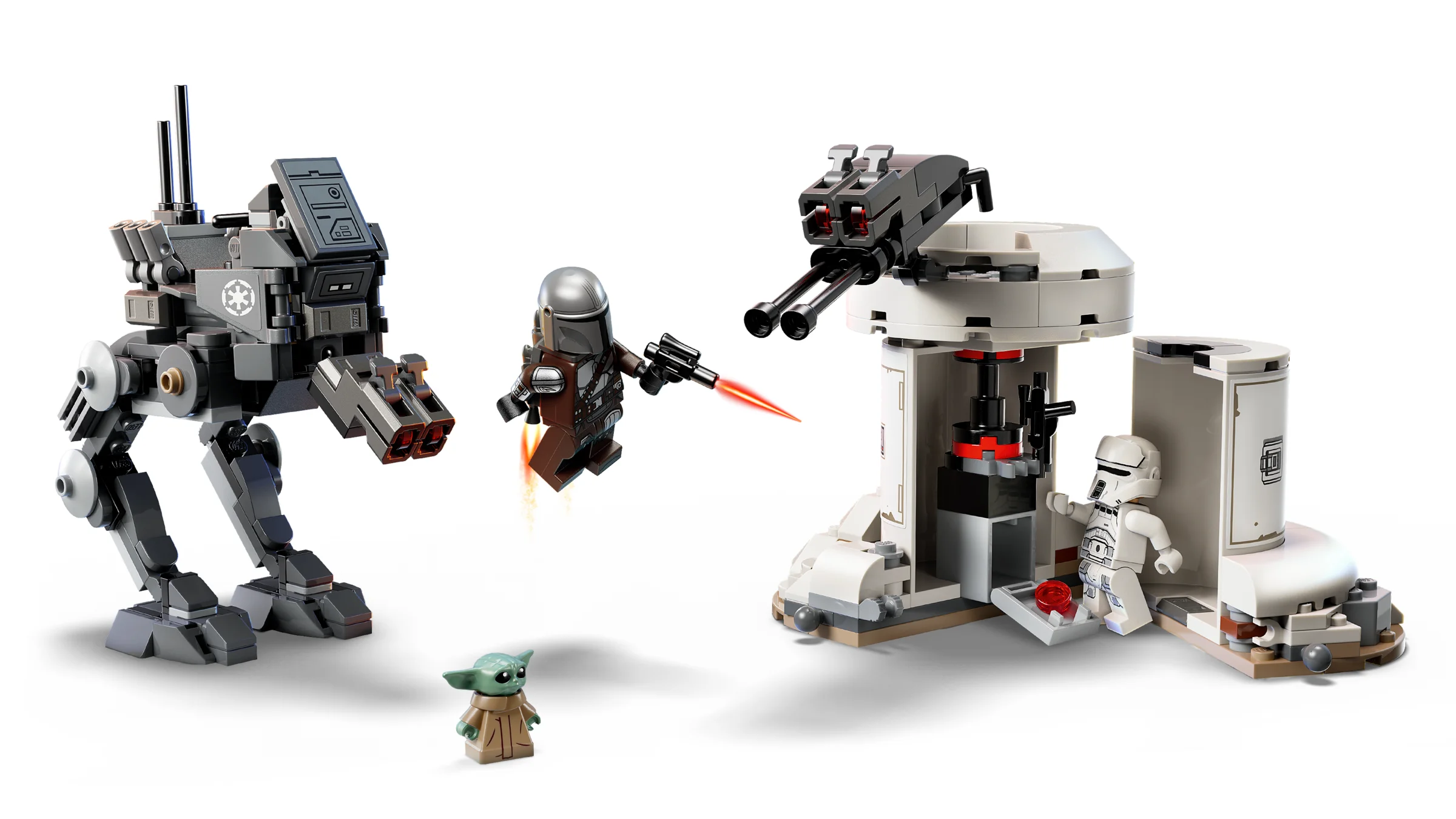 Imagine cu setul LEGO 75444 AT-RT Attack, cu Mando și Grogu în luptă cu un AT-RT și o fortăreață.