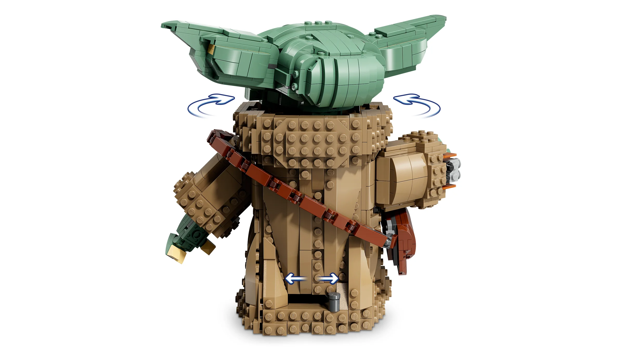 Imagine cu Grogu (Ucenicul Mandalorian) din LEGO, demonstrând mobilitatea capului și a brațelor.