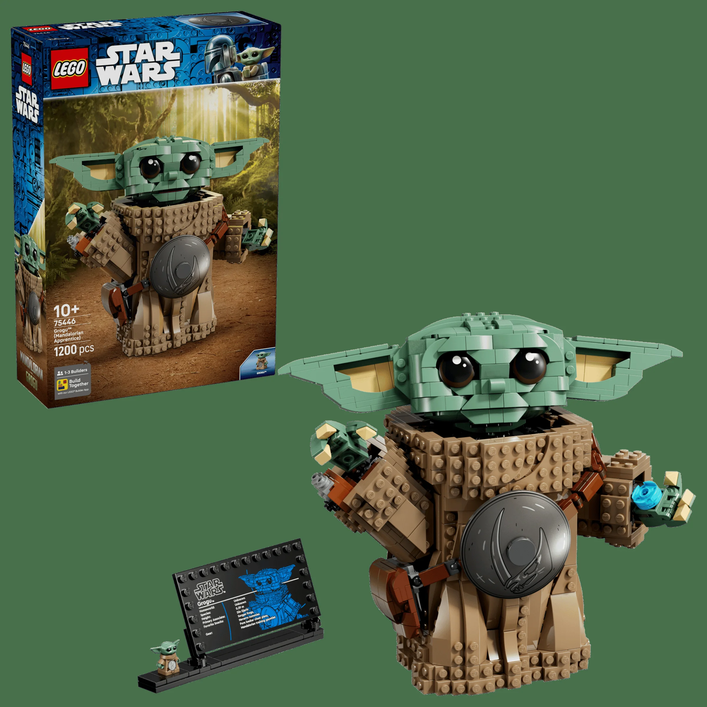 Imagine cu setul LEGO 75446 Grogu, modelul finalizat și cutia. Detalii despre personaj și minifigurină.