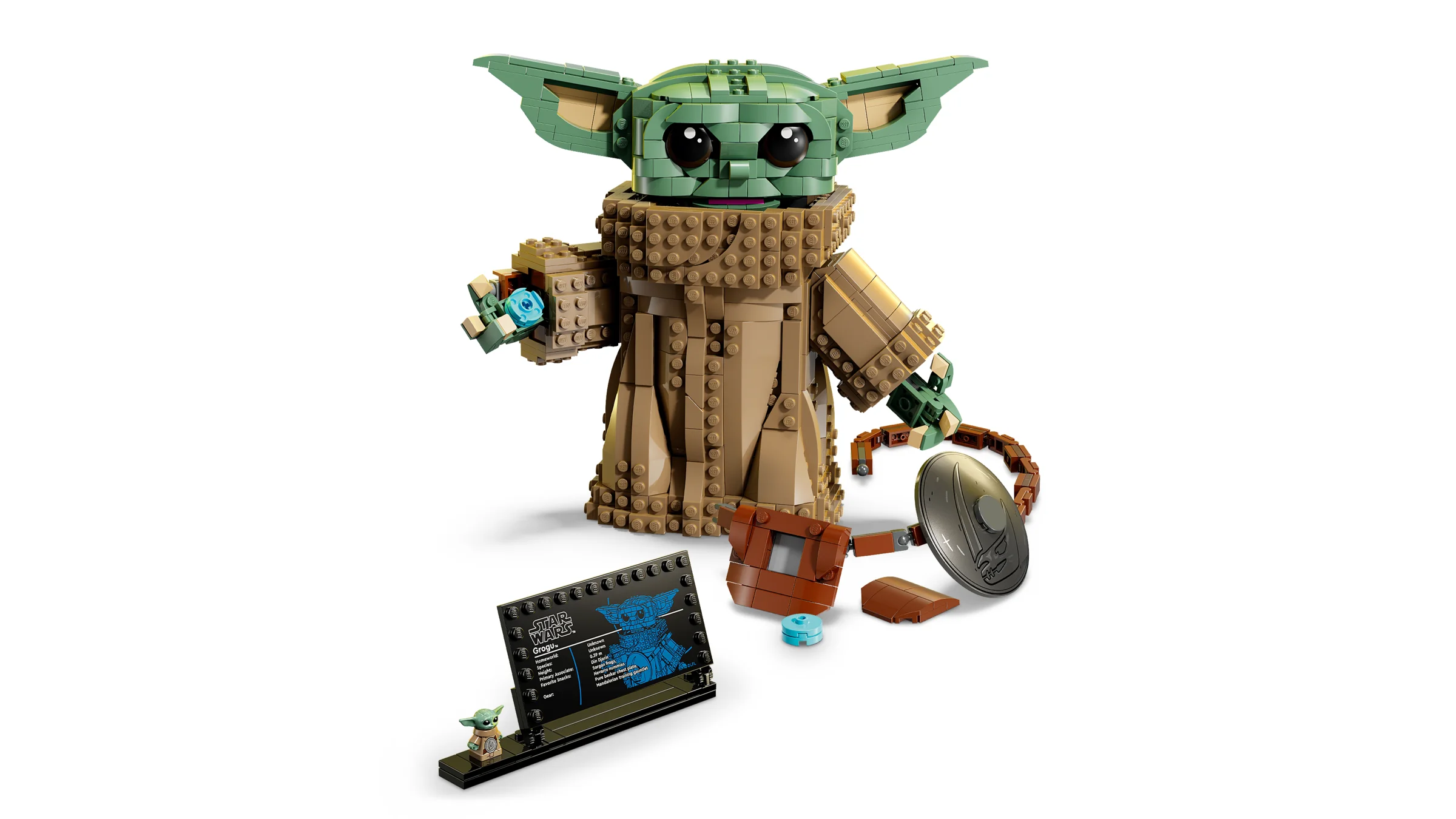 Imagine cu setul LEGO Grogu (Ucenicul Mandalorian), ce prezintă modelul construit și accesoriile.