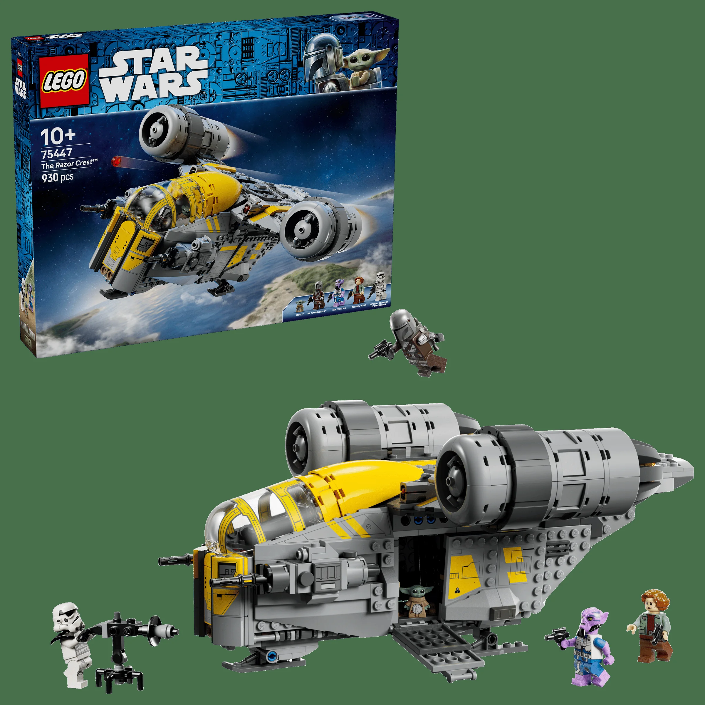 Imagine cu setul LEGO 75447 The Razor Crest și cutia. Include minifigurinele. Prezentare detaliată.