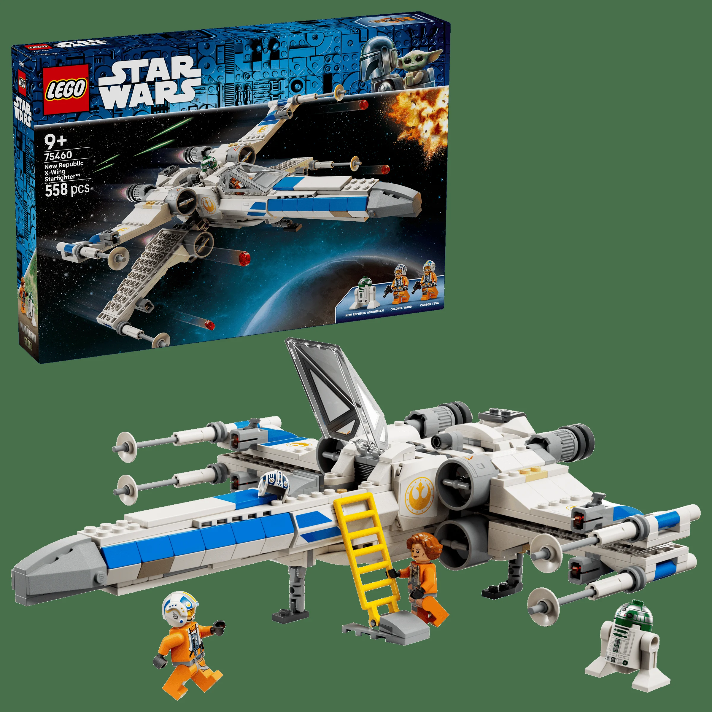 Imagine cu cutia și modelul asamblat LEGO X-wing. Include minifigurine și detalii ale navei spațiale.
