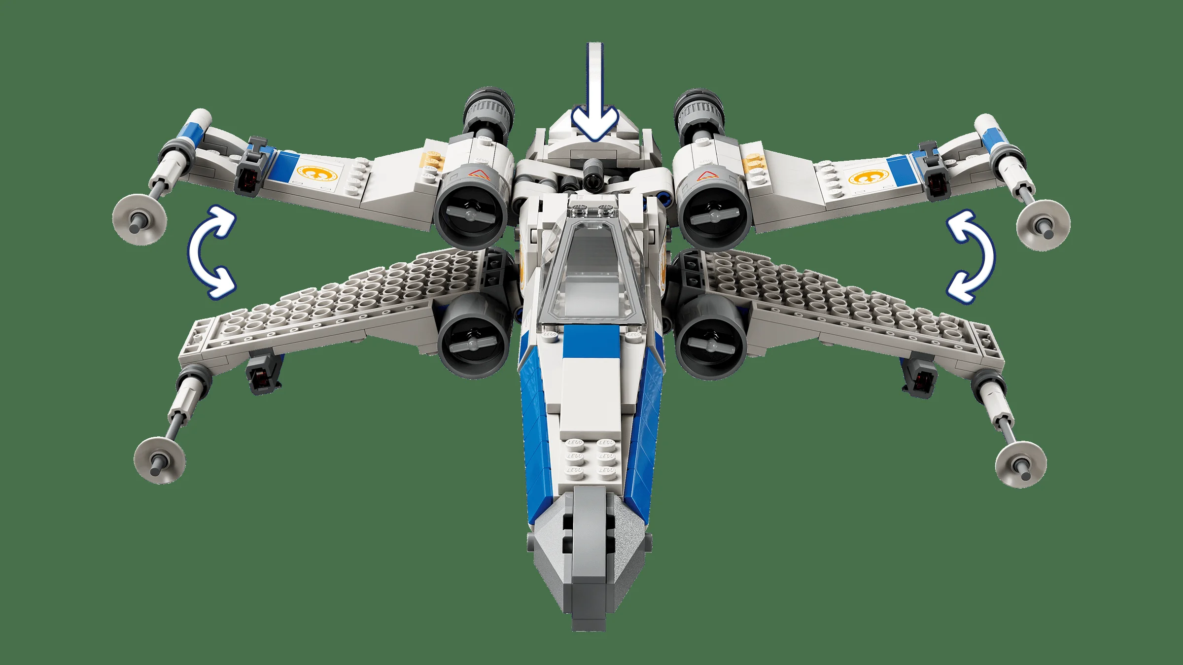 O imagine detaliată a modelului X-wing, prezentând aripile rabatabile. Vedere de sus.