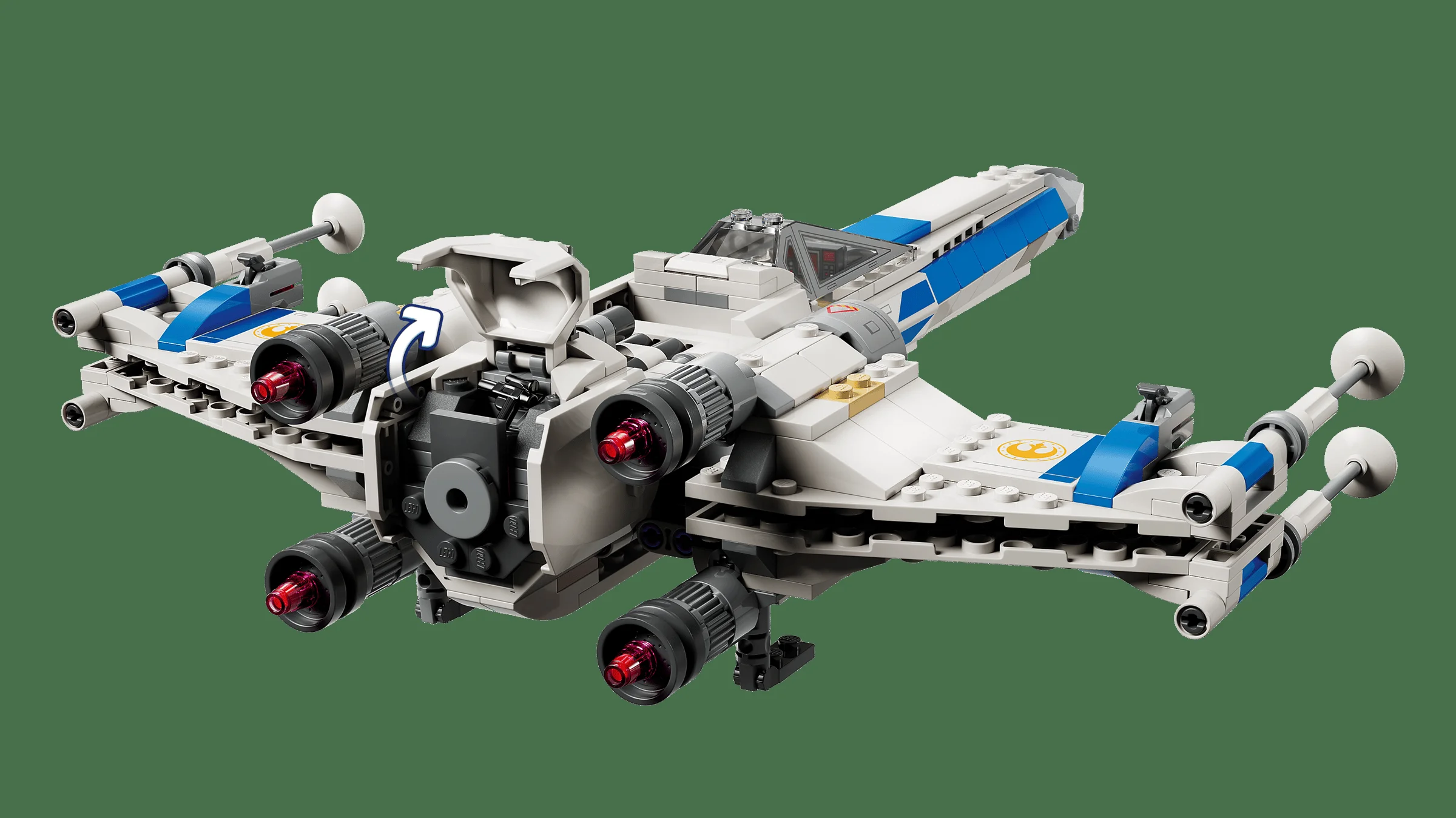 O imagine detaliată a modelului LEGO X-wing, cu schemele sale alb-albăstrui.