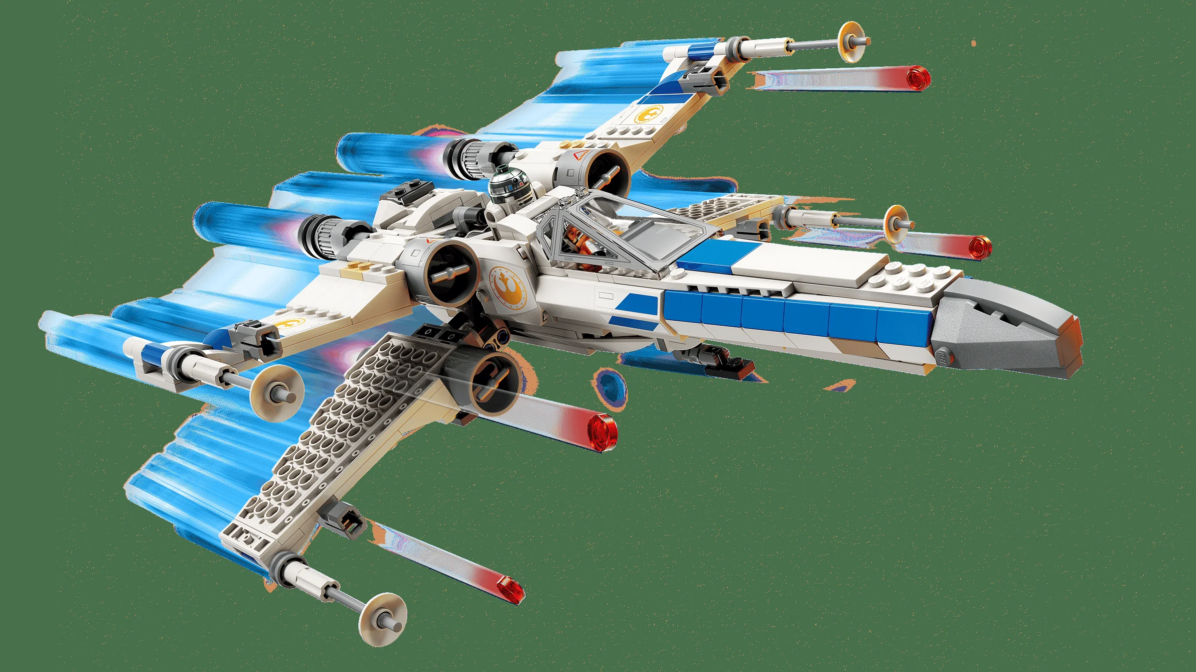 O imagine detaliată a modelului X-wing Starfighter. Aripile sunt deschise, în poziție de atac. Include efecte grafice de viteză.