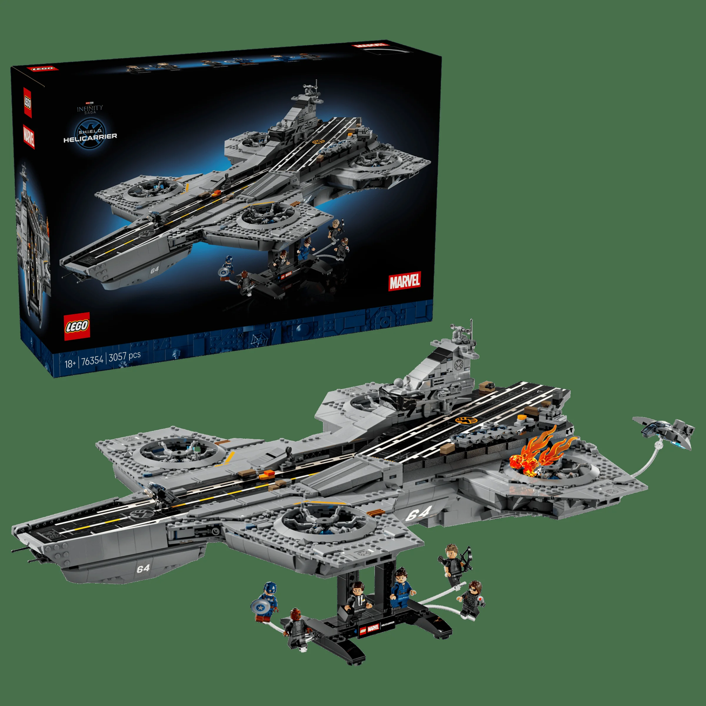 Imagine cu cutia și modelul LEGO S.H.I.E.L.D. Helicarrier, setul 76354. Detalii impresionante și minifigurine incluse.