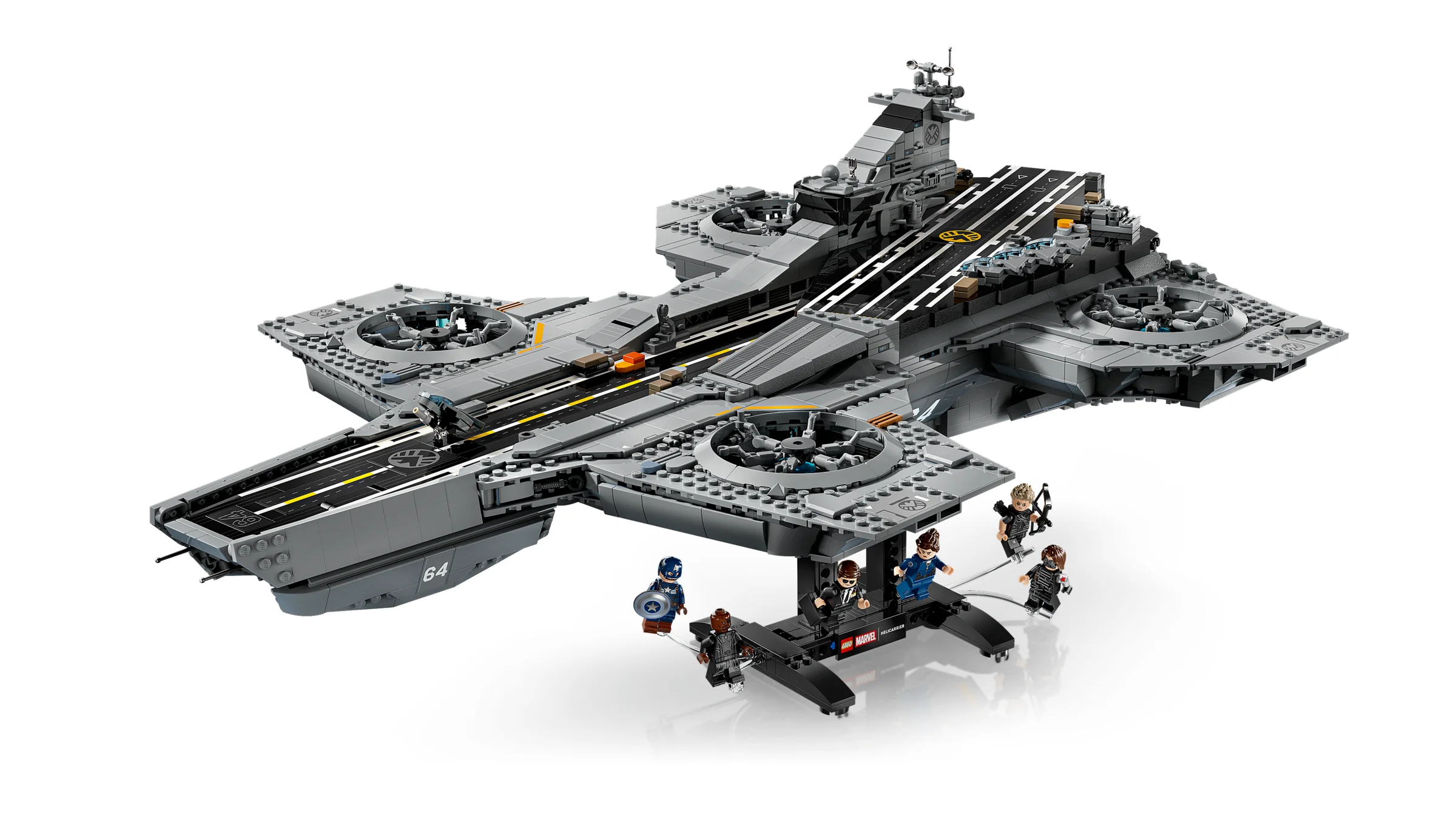 Imagine cu Helicarrier-ul S.H.I.E.L.D. LEGO 76354 și minifigurinele incluse.