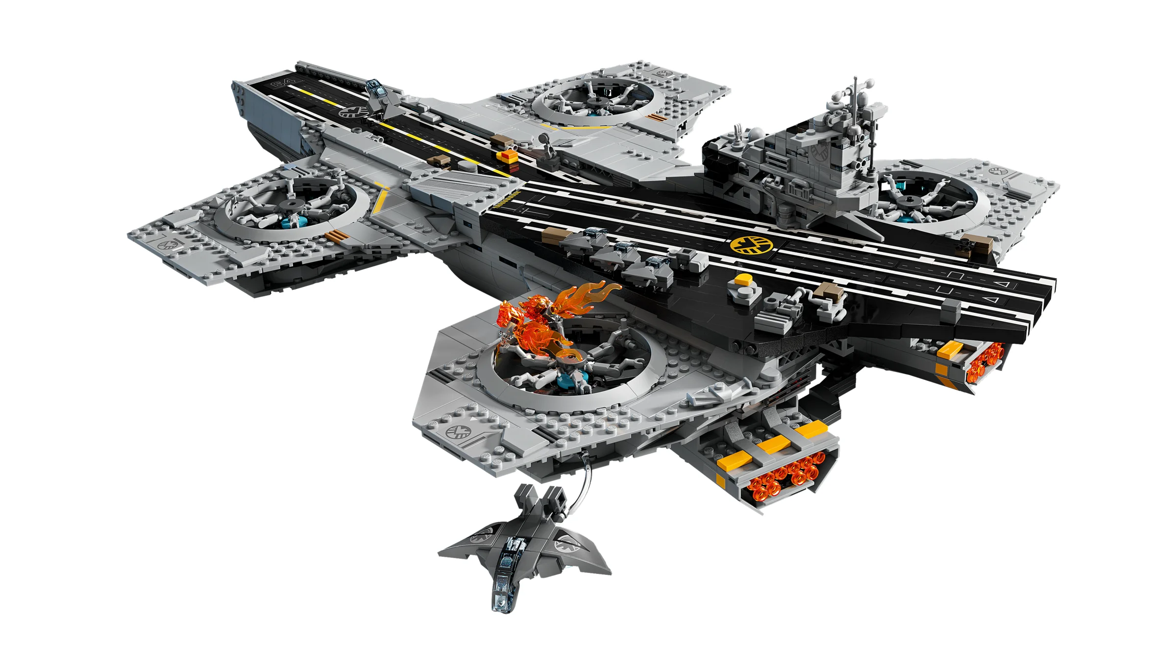 Imagine cu Helicarrier-ul S.H.I.E.L.D., o navă aeriană mare și detaliată, din setul LEGO 76354.