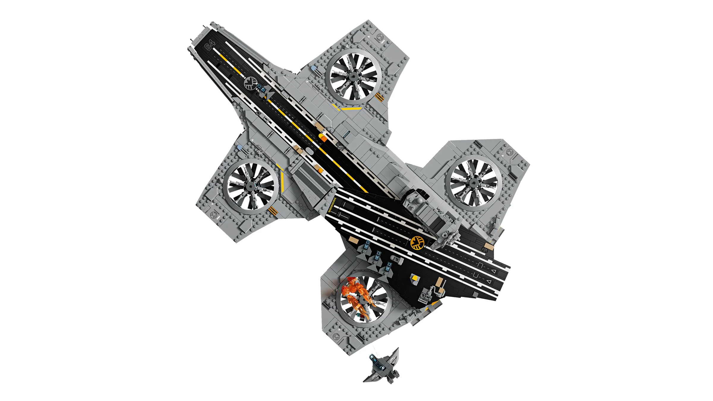 Imagine a Helicarrier-ului S.H.I.E.L.D. cu detalii și minifigurine incluse.