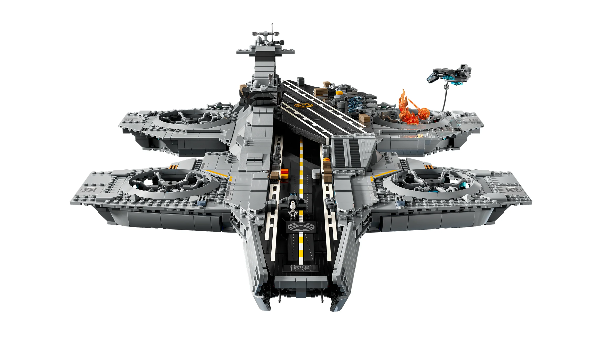 O imagine de sus a Helicarrier-ului S.H.I.E.L.D., un model LEGO complex și detaliat.