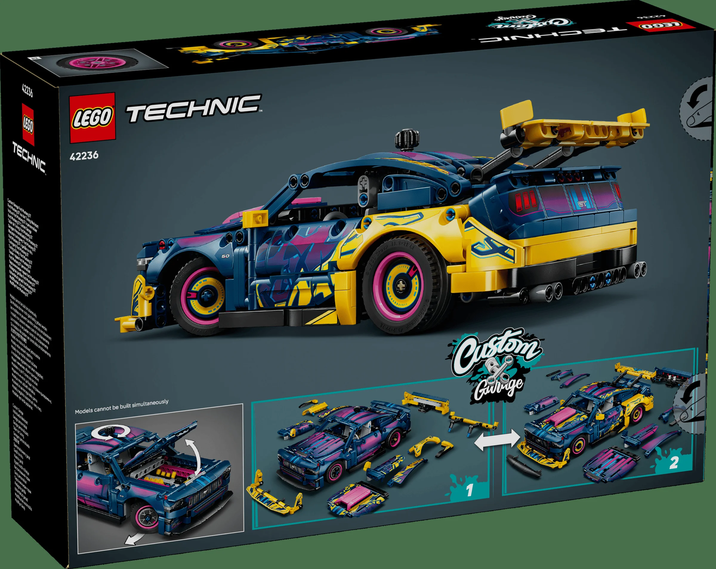 Cutia setului LEGO Technic 42236, cu imagini ale modelului Ford GT Mustang personalizat.