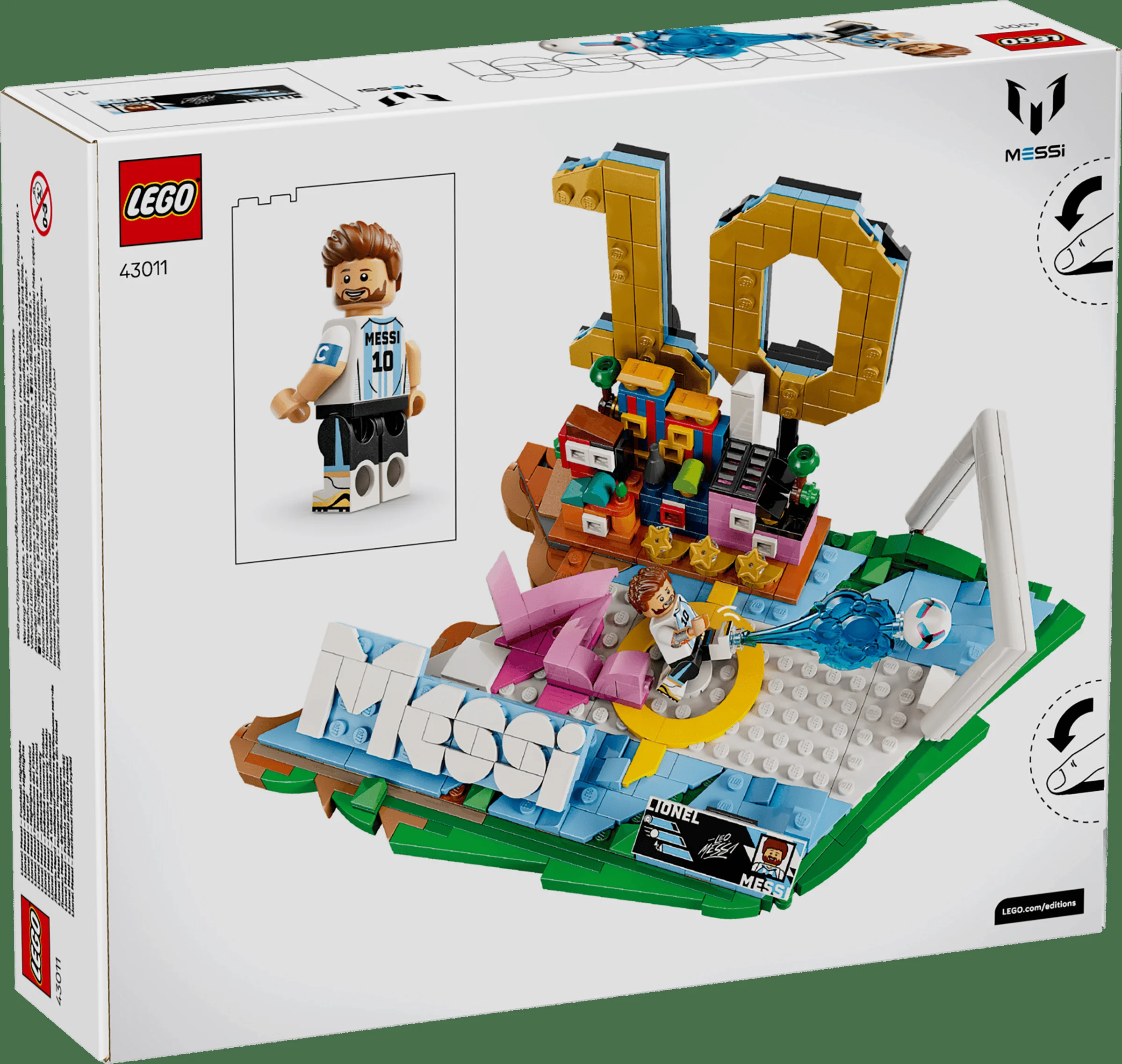 Cutia LEGO 43011 prezintă modelul construit și minifigurina lui Lionel Messi.