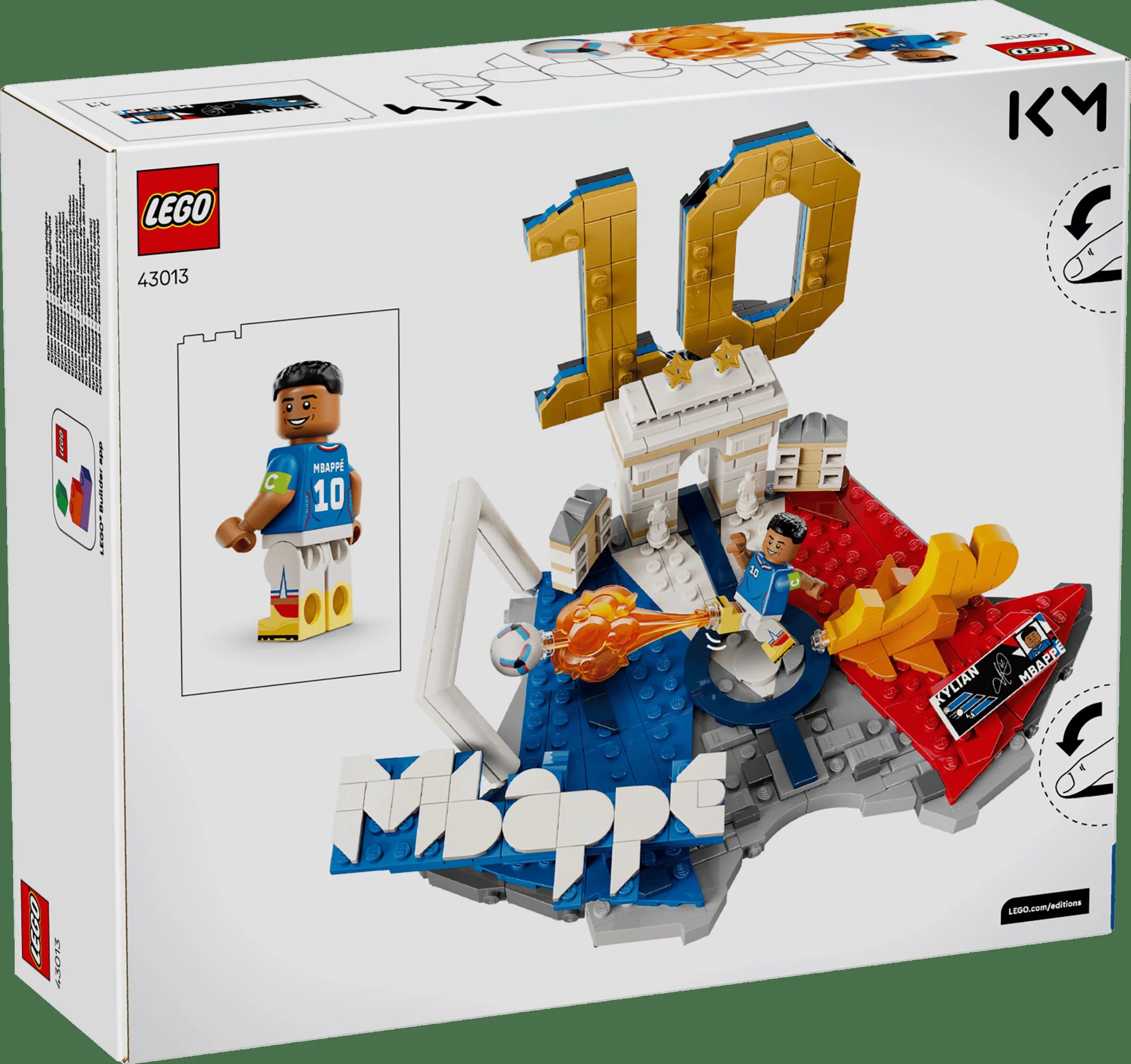 Imagine cu cutia setului LEGO 43013 Kylian Mbappé, cu modelul asamblat și minifigurina.