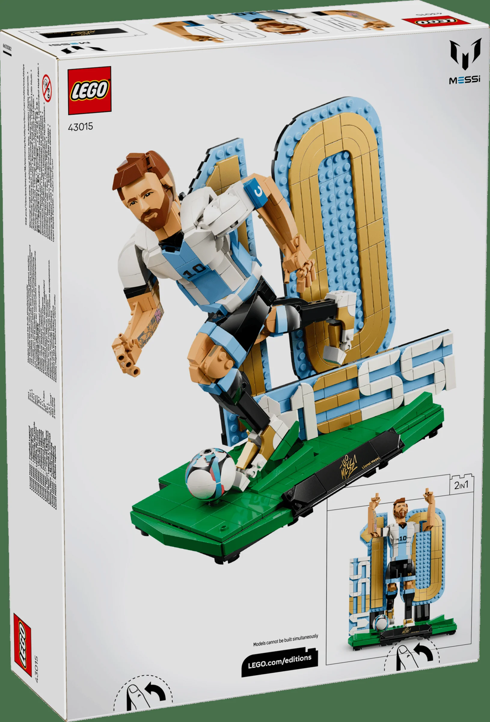 Imaginea cutiei LEGO 43015, cu modelul lui Lionel Messi. O reprezentare detaliată a legendei fotbalului.