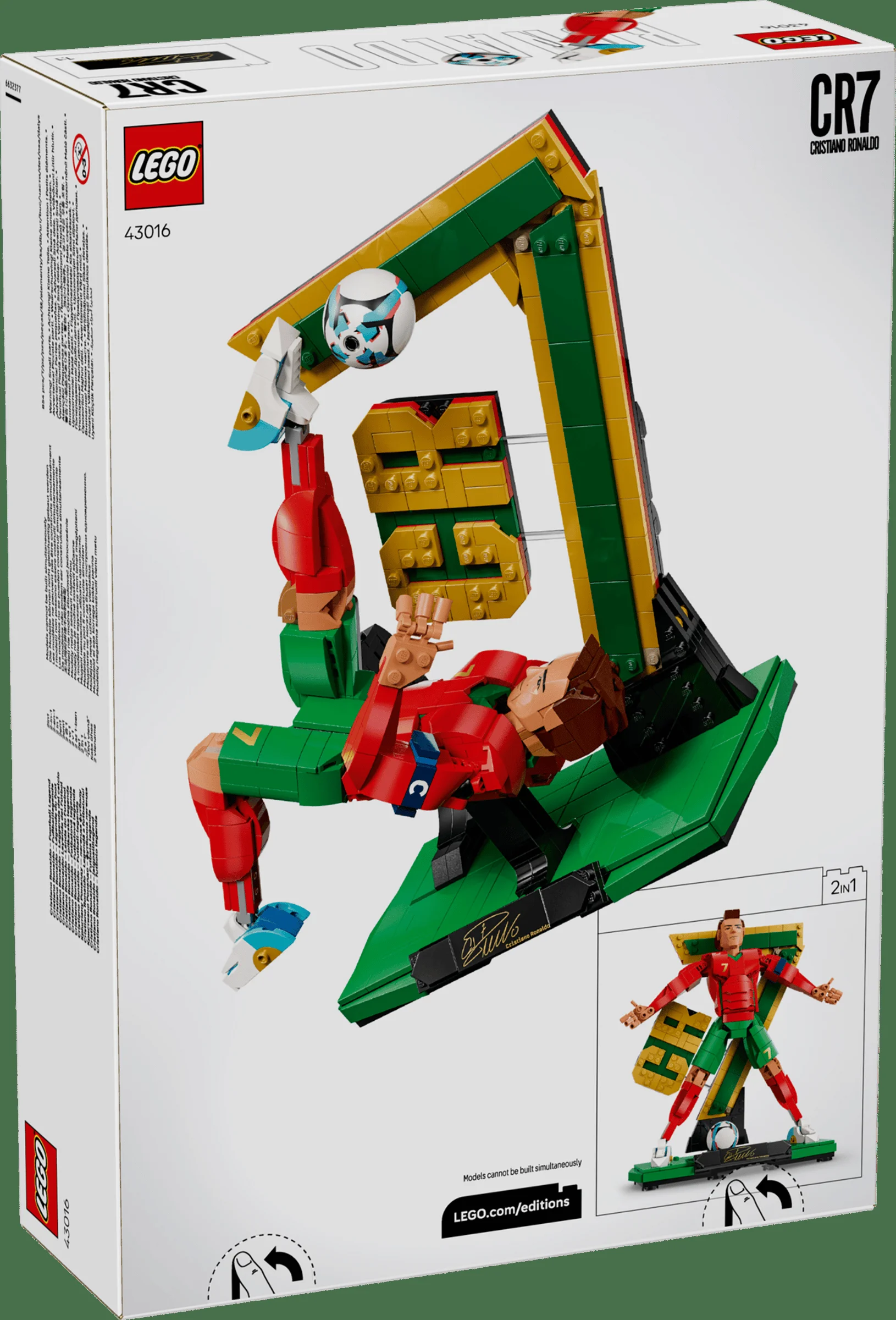 Cutia LEGO 43016 cu imaginea modelului Cristiano Ronaldo, arătând ambele variante construibile.