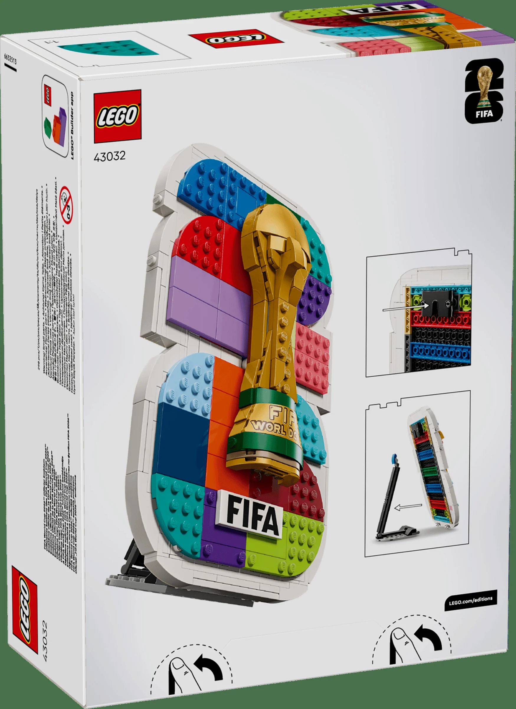 Cutia LEGO 43032 FIFA World Cup 2026 cu emblema oficială, detaliind construcția și suportul.