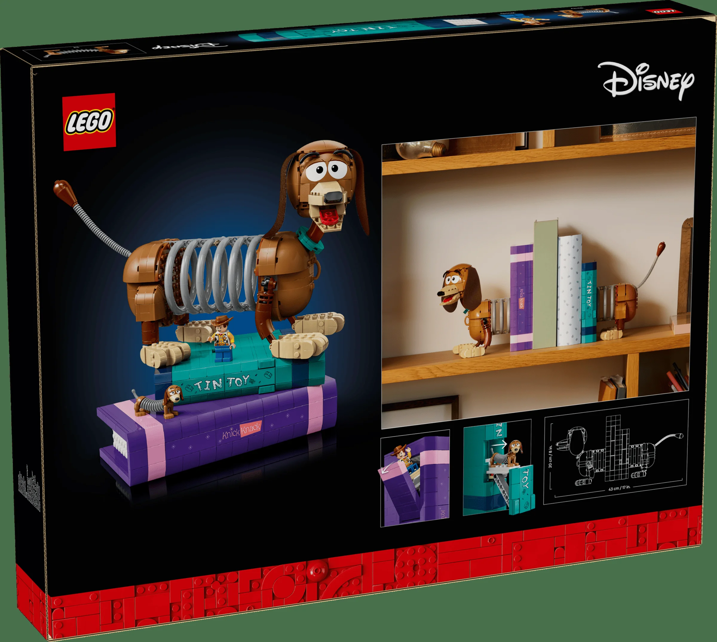 Imaginea prezintă cutia setului LEGO 43301 Slinky Dog Bookends, cu modelul asamblat și indicații de utilizare.