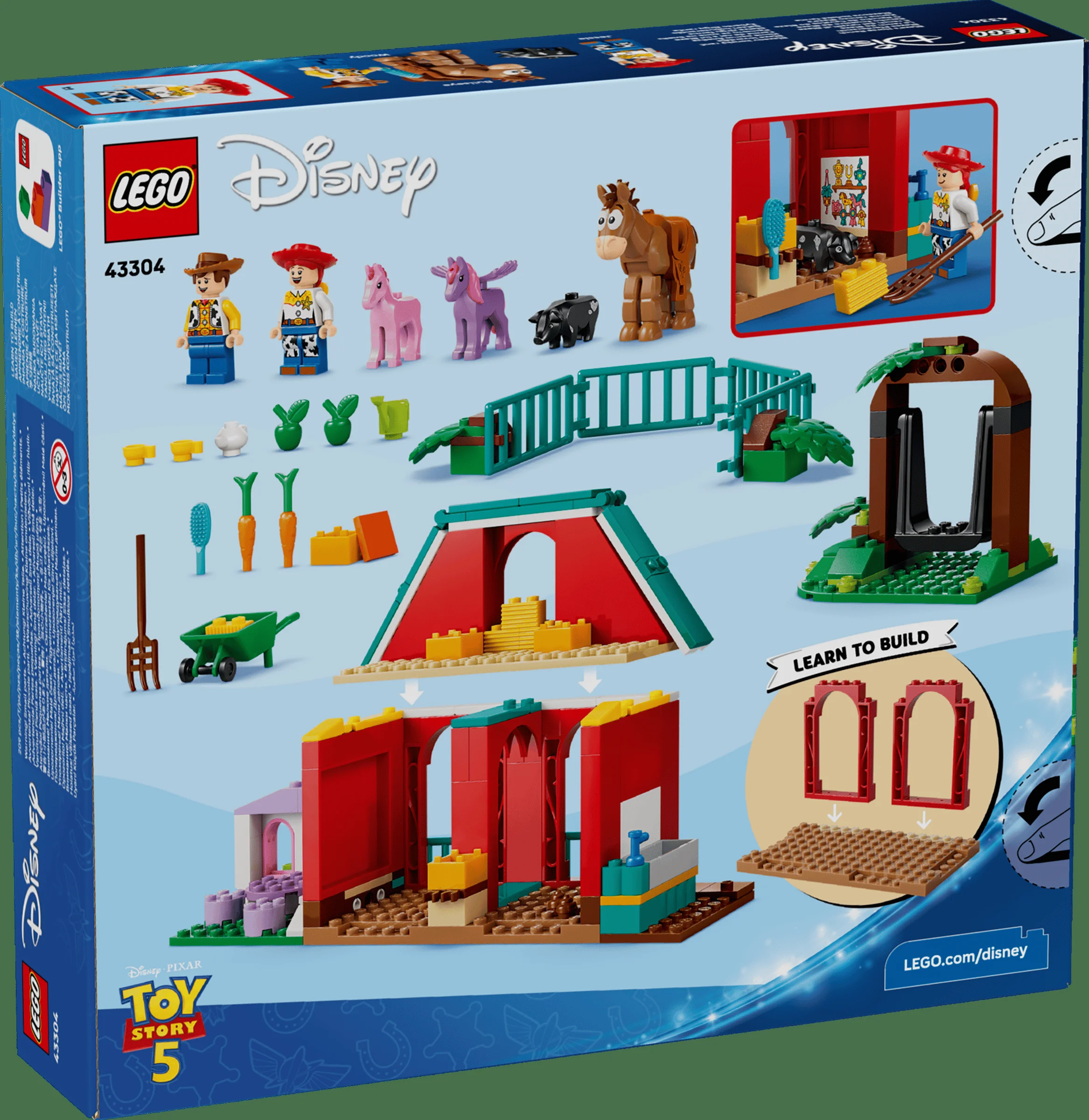 Cutia LEGO Disney 43304 cu minifigurine Woody, Jessie, Bullseye și detalii ale fermei.