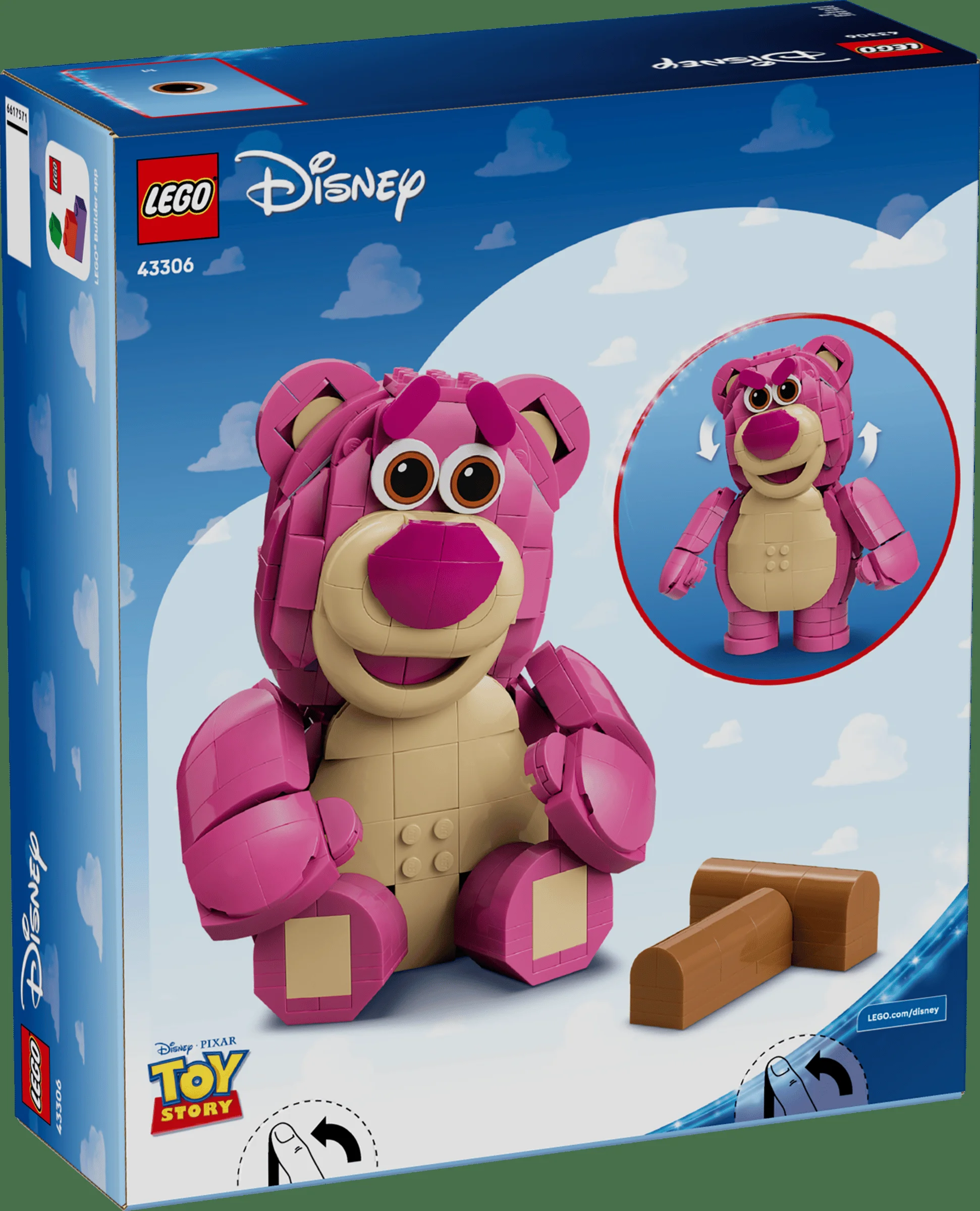 Cutia LEGO 43306 Lotso, cu modelul construit și detalii ale funcțiilor de interacțiune.