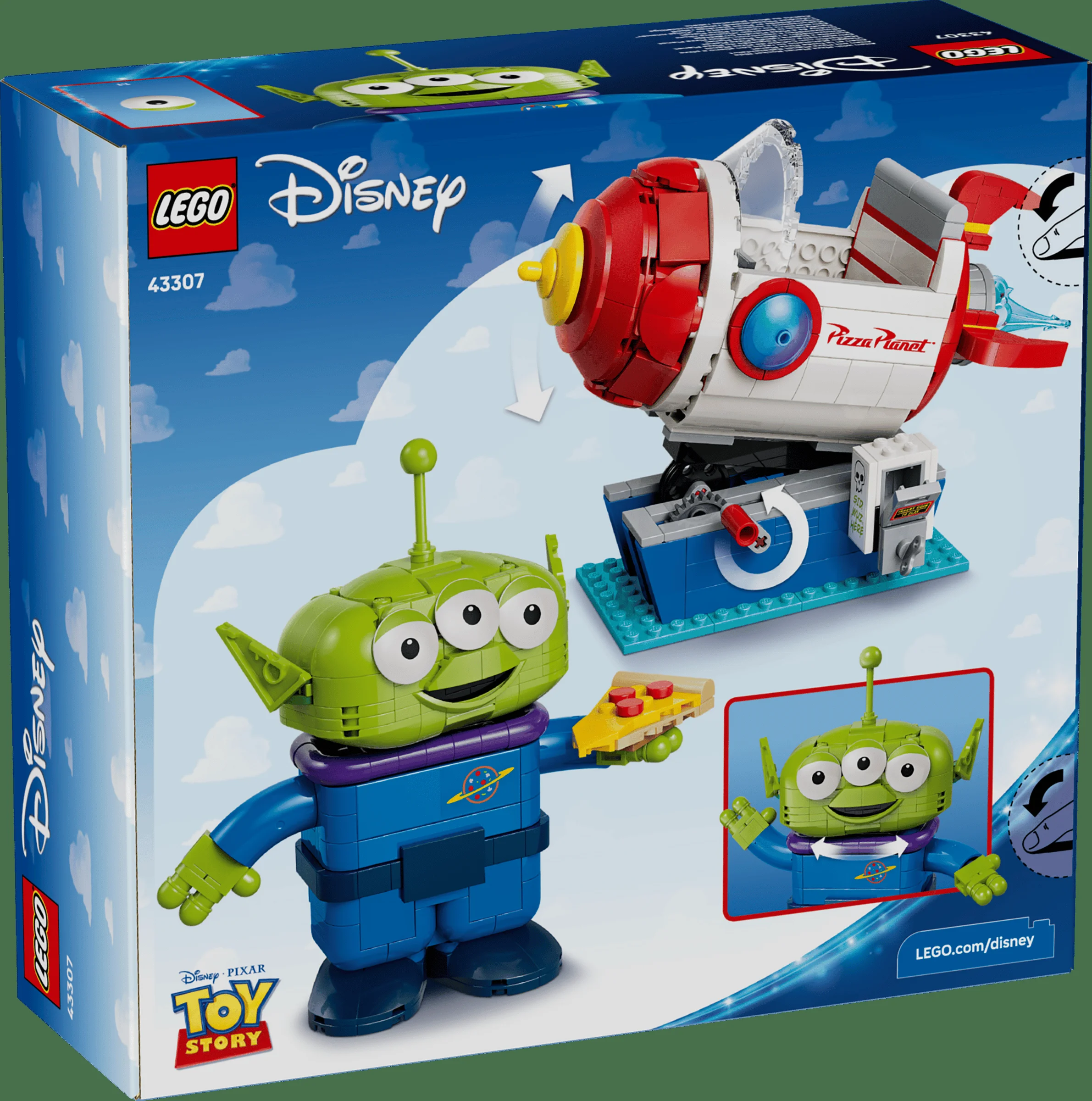 Imagine cu cutia setului LEGO 43307 Alien with Pizza Planet Rocket Ride, prezintă personajul și racheta.