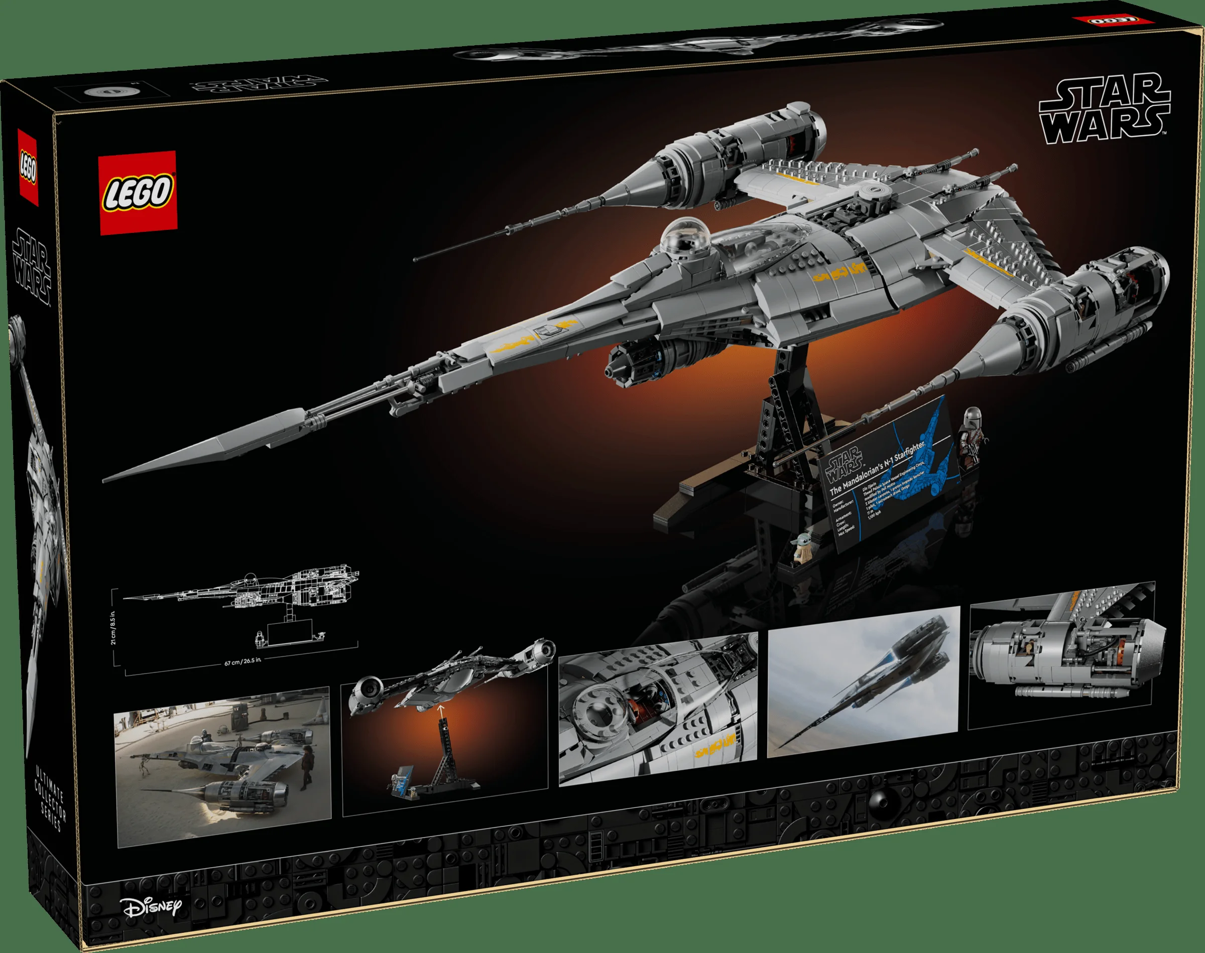 Cutia LEGO 75442 prezintă N-1 Starfighter-ul Mandalorianului pe un suport, cu detalii și specificații tehnice.