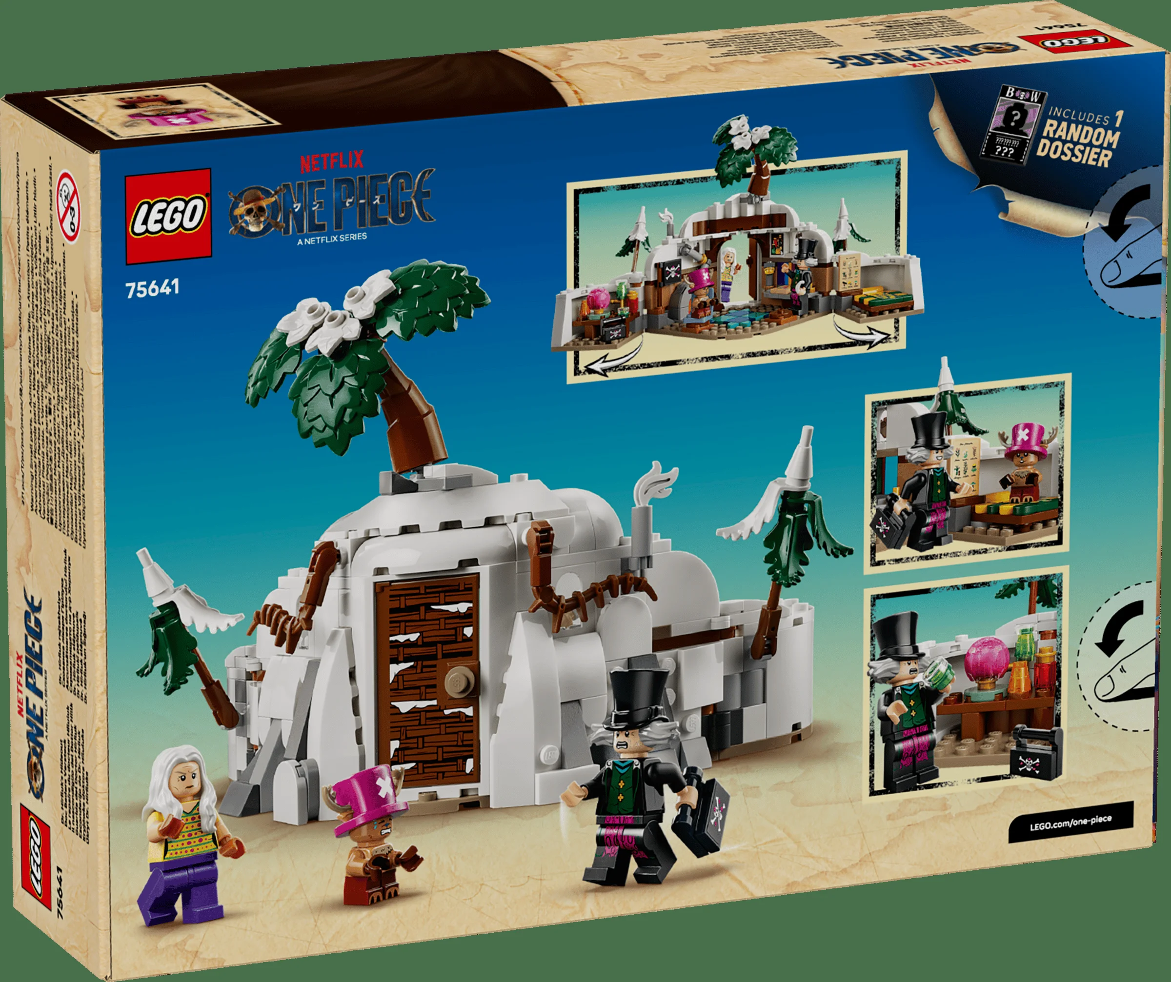 Imagine cu spatele cutiei setului LEGO One Piece 75641, cabana lui Dr. Hiriluk. Ilustrează modelul și minifigurinele.