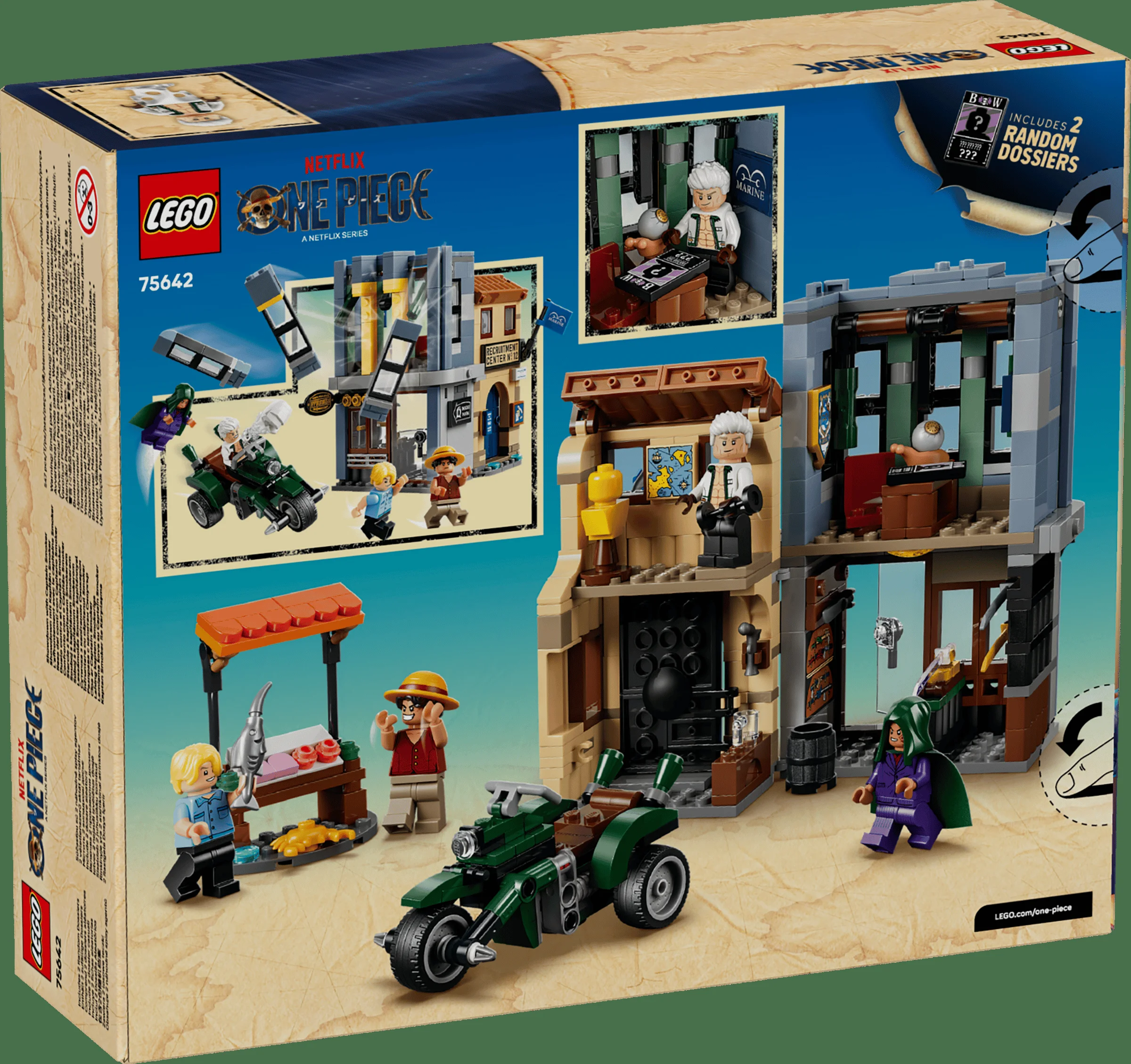 Cutie LEGO 75642 Showdown with Captain Smoker, ilustrând modelul asamblat și minifigurinele.