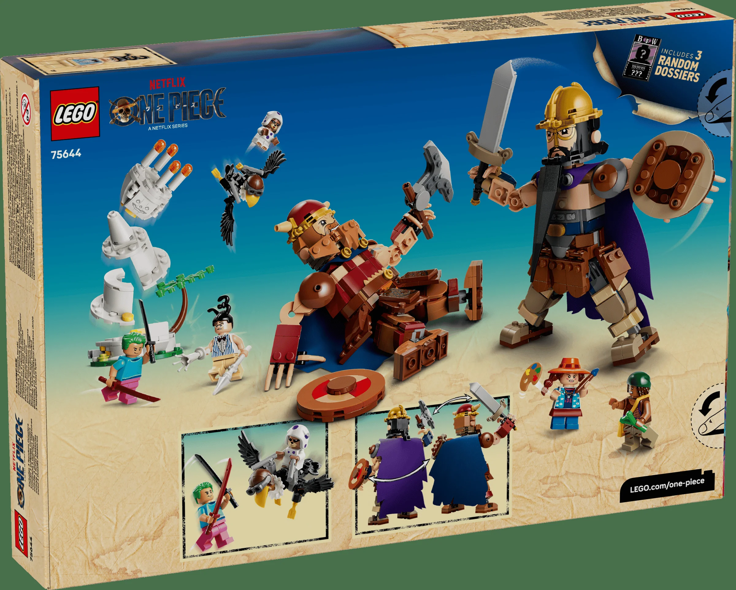 Imagine cu spatele cutiei LEGO 75644, prezentând personajele și funcțiile setului.