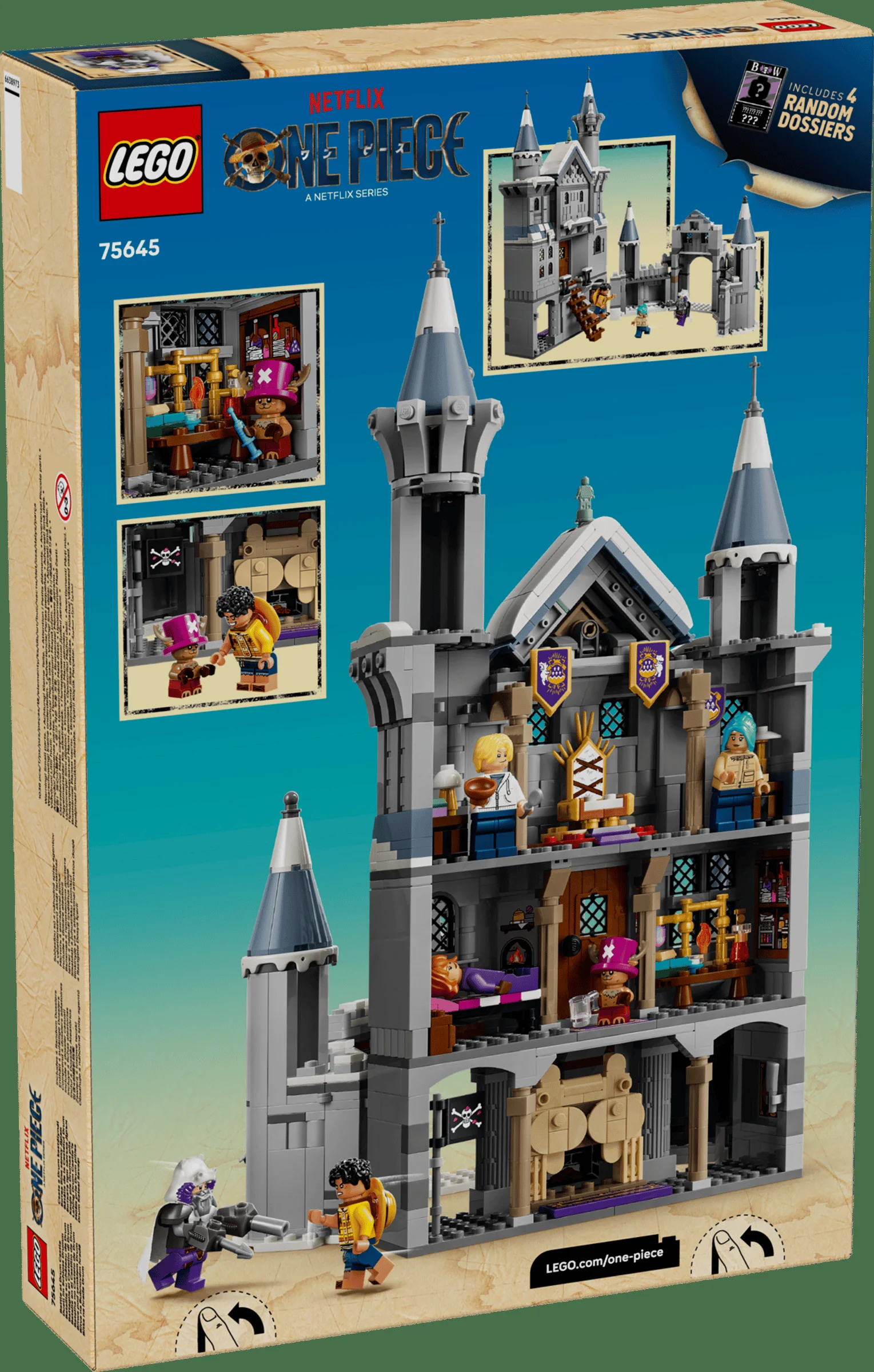 Imagine cu cutia setului LEGO 75645 Bătălia de la Castelul Drum, One Piece. Detalii despre model și minifigurine.