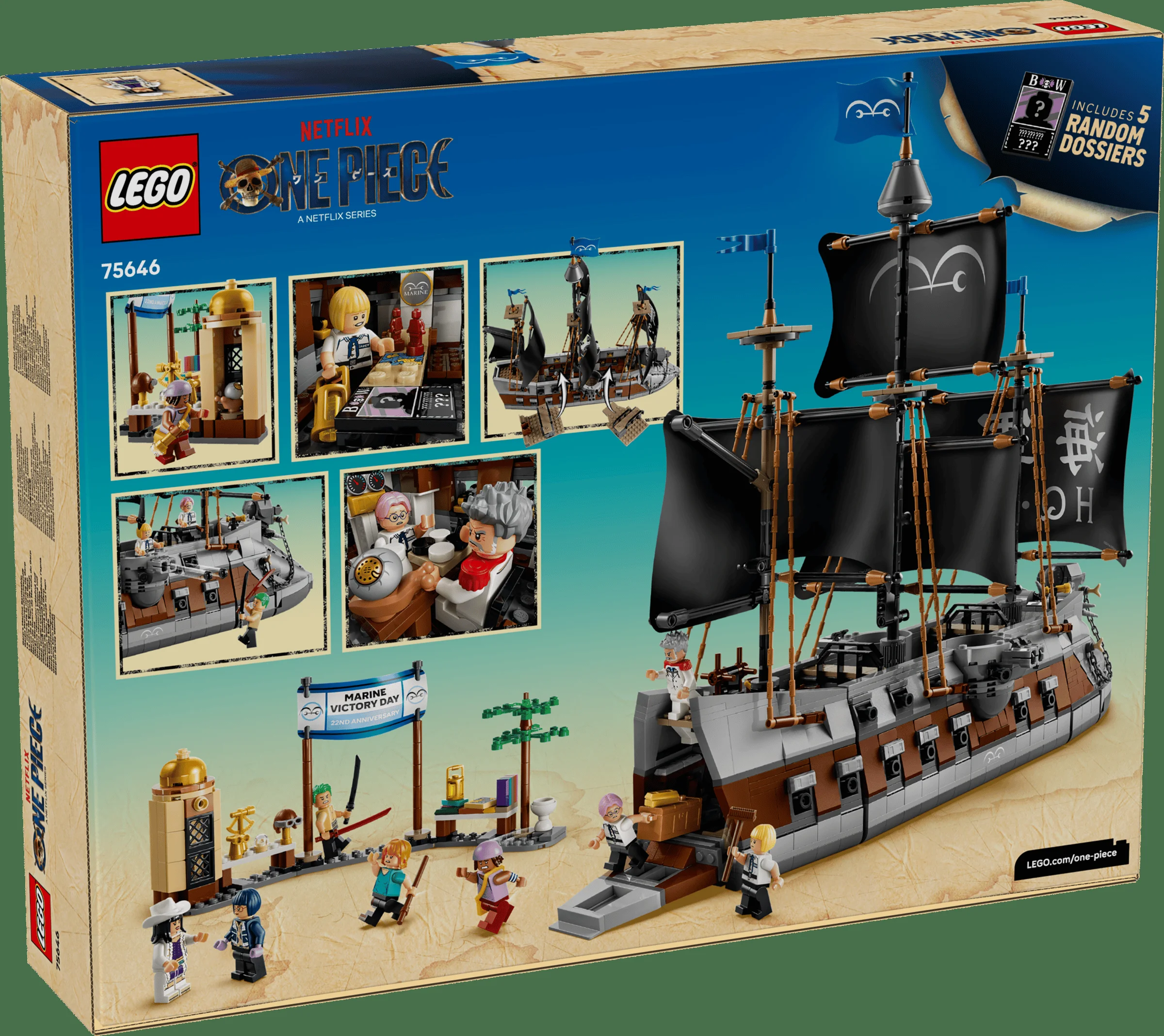 Cutia LEGO 75646, cu corabia și scene din One Piece, un set detaliat și complex.