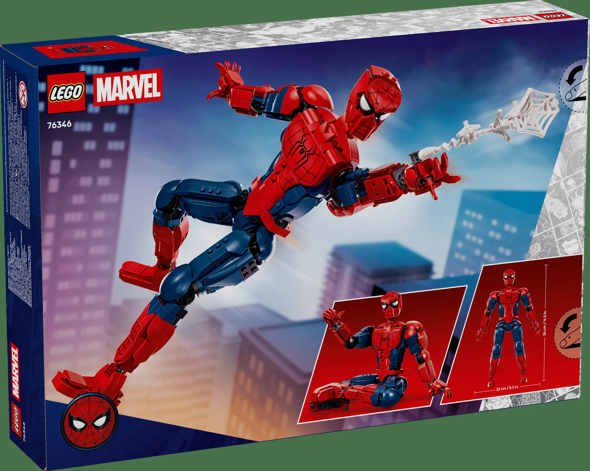 Cutia LEGO Marvel 76346 cu figurina Spider-Man, prezentată în diverse ipostaze dinamice.