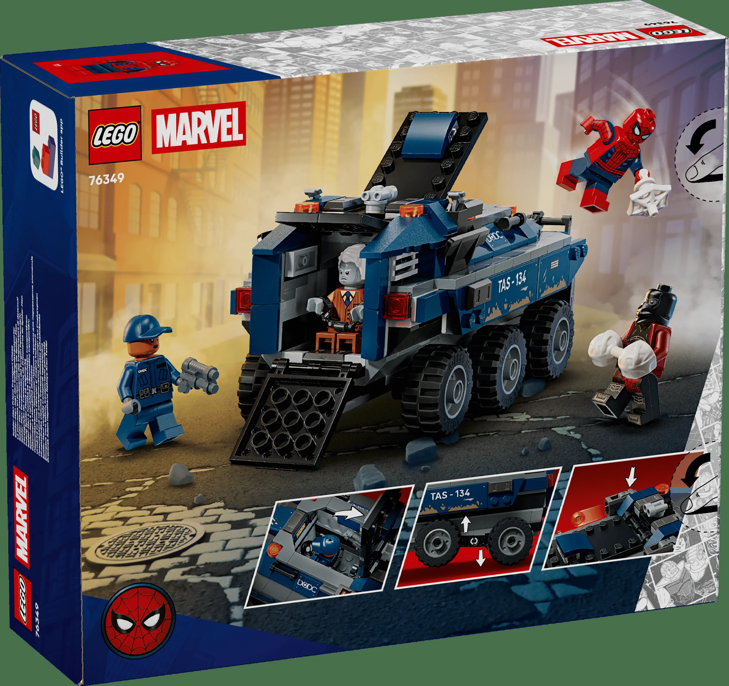 Imagine cu cutia setului LEGO 76349, prezentând minifigurinele și vehiculul. Aspecte din joc și funcționalitate.