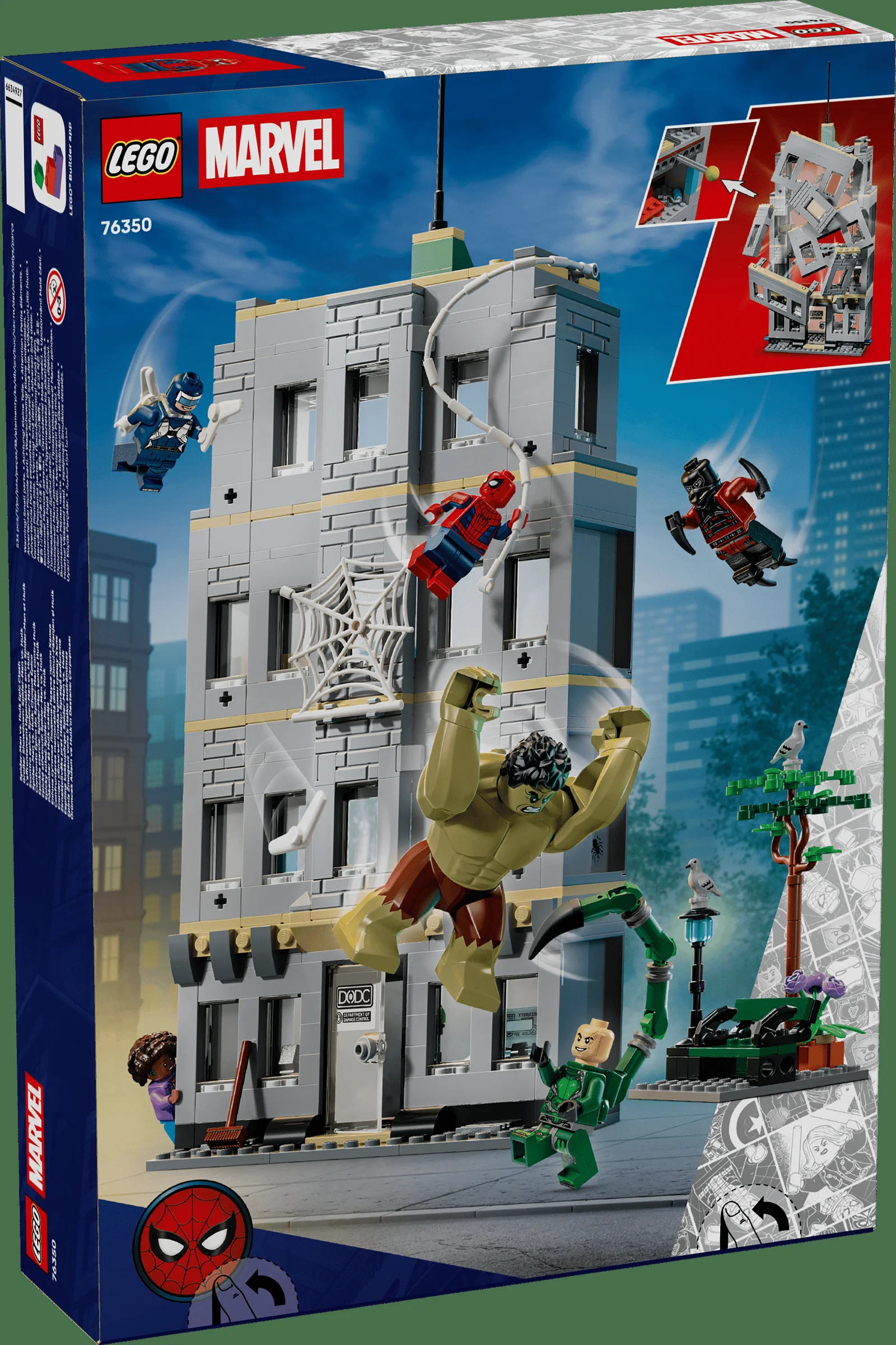 Imagine cu cutia setului LEGO 76350: Spider-Man contra Hulk. Hulk distruge clădirea.