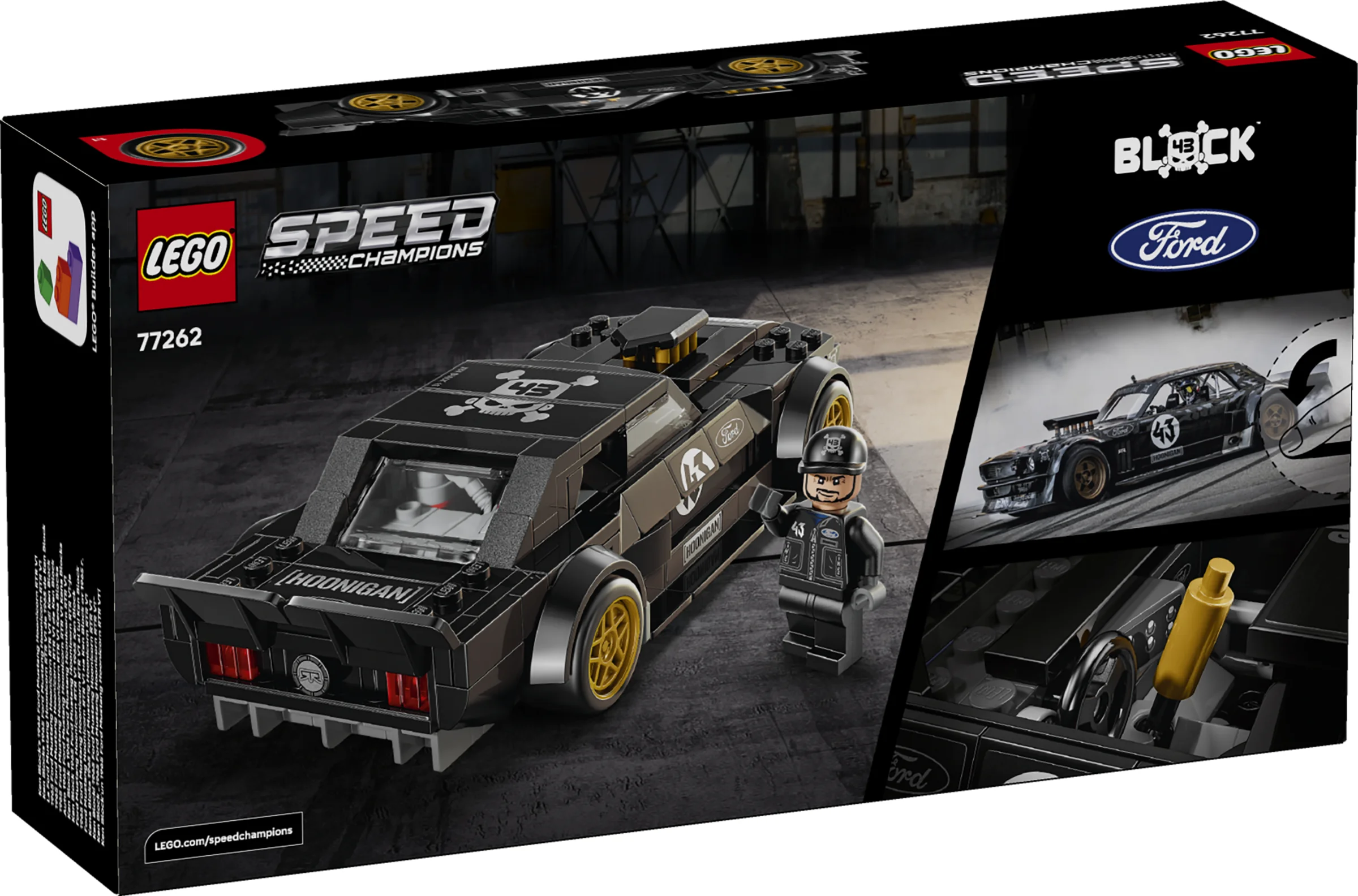 Cutia setului LEGO Speed Champions 77262 Ford Mustang Hoonicorn, cu mașina și minifigurina.