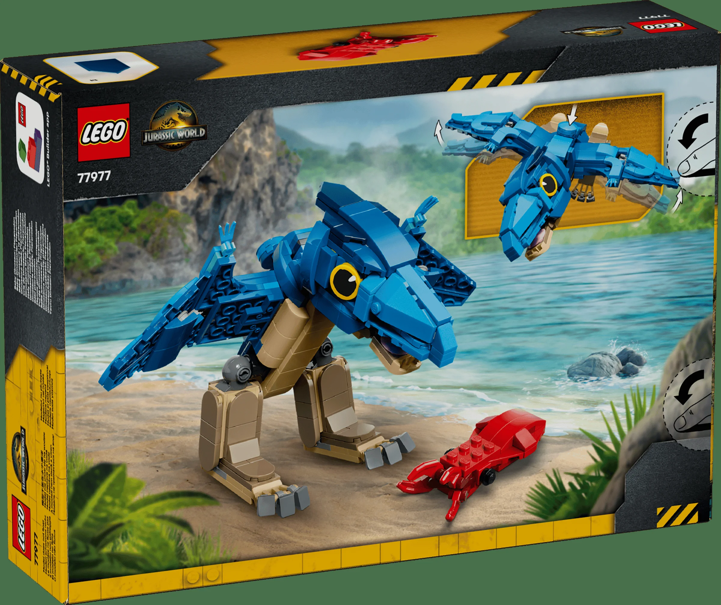 Imagine cu cutia setului LEGO 77977 Baby Dinosaur: Pteranodon, arătând modelul asamblat.