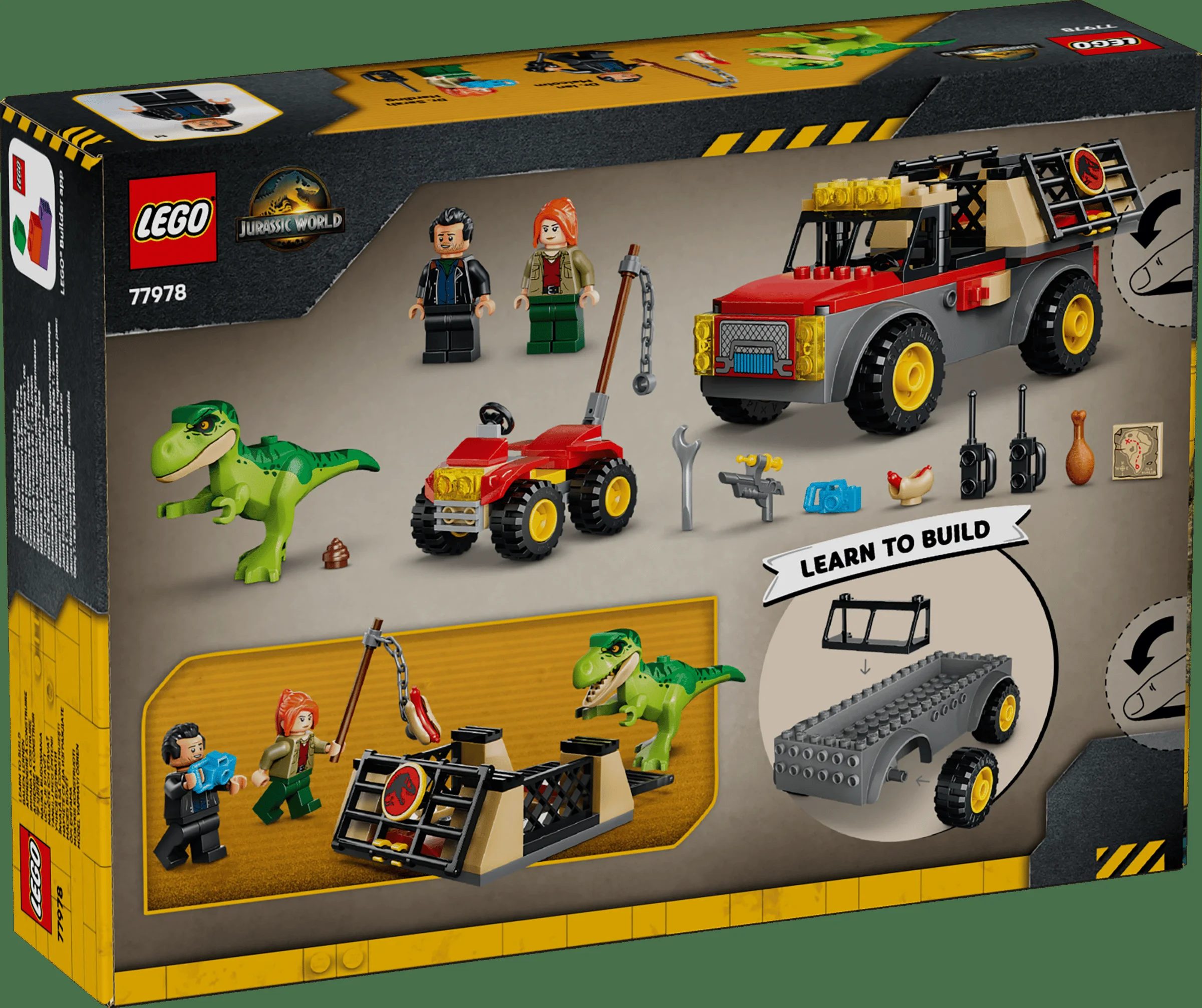 Cutia LEGO 77978, cu imagini ale setului: T-Rex, camion transport, minifigurine și accesorii.