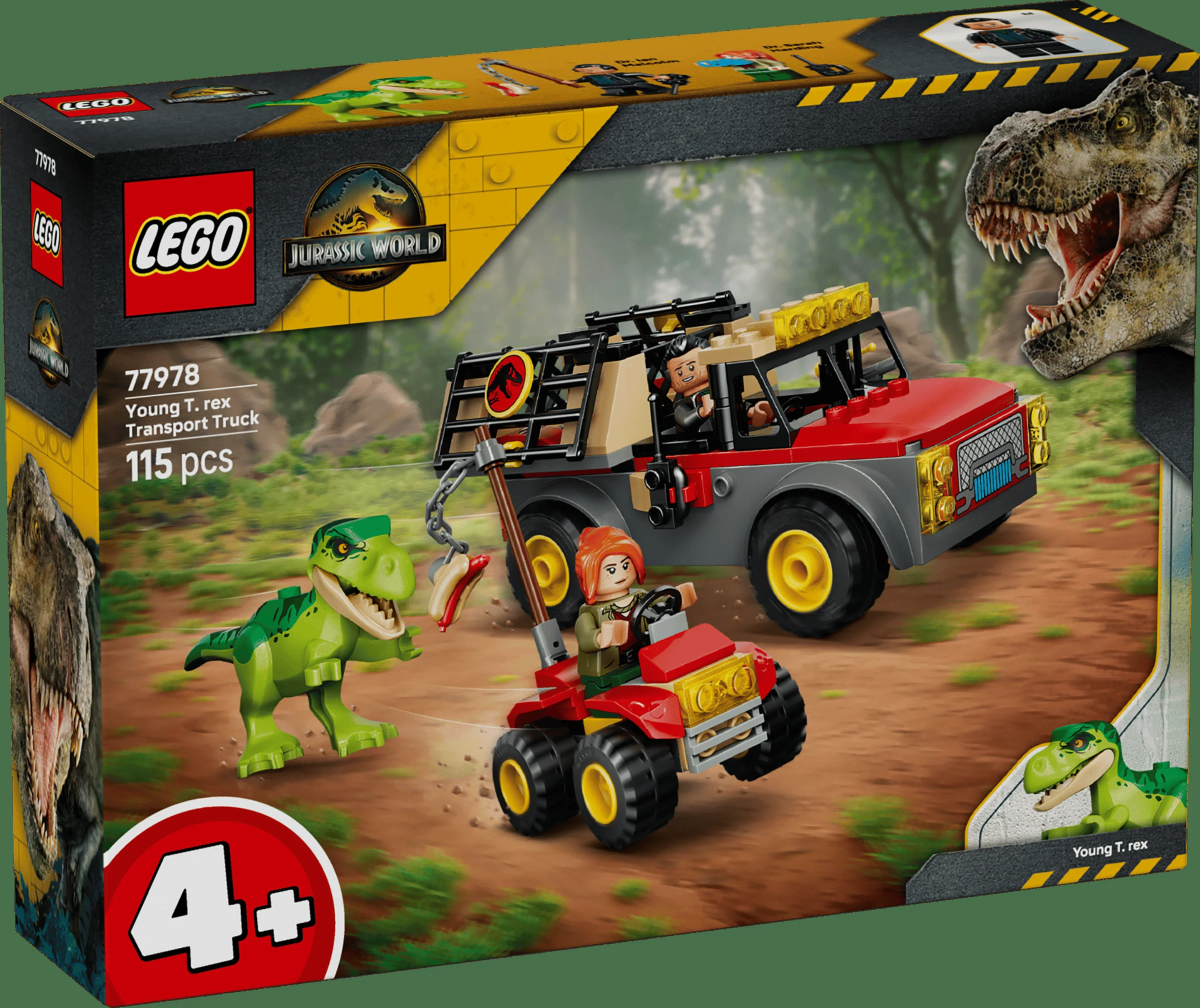 Imaginea prezintă cutia setului LEGO 77978, cu un T. rex tânăr și două vehicule. Setul este recomandat pentru vârsta de 4+.