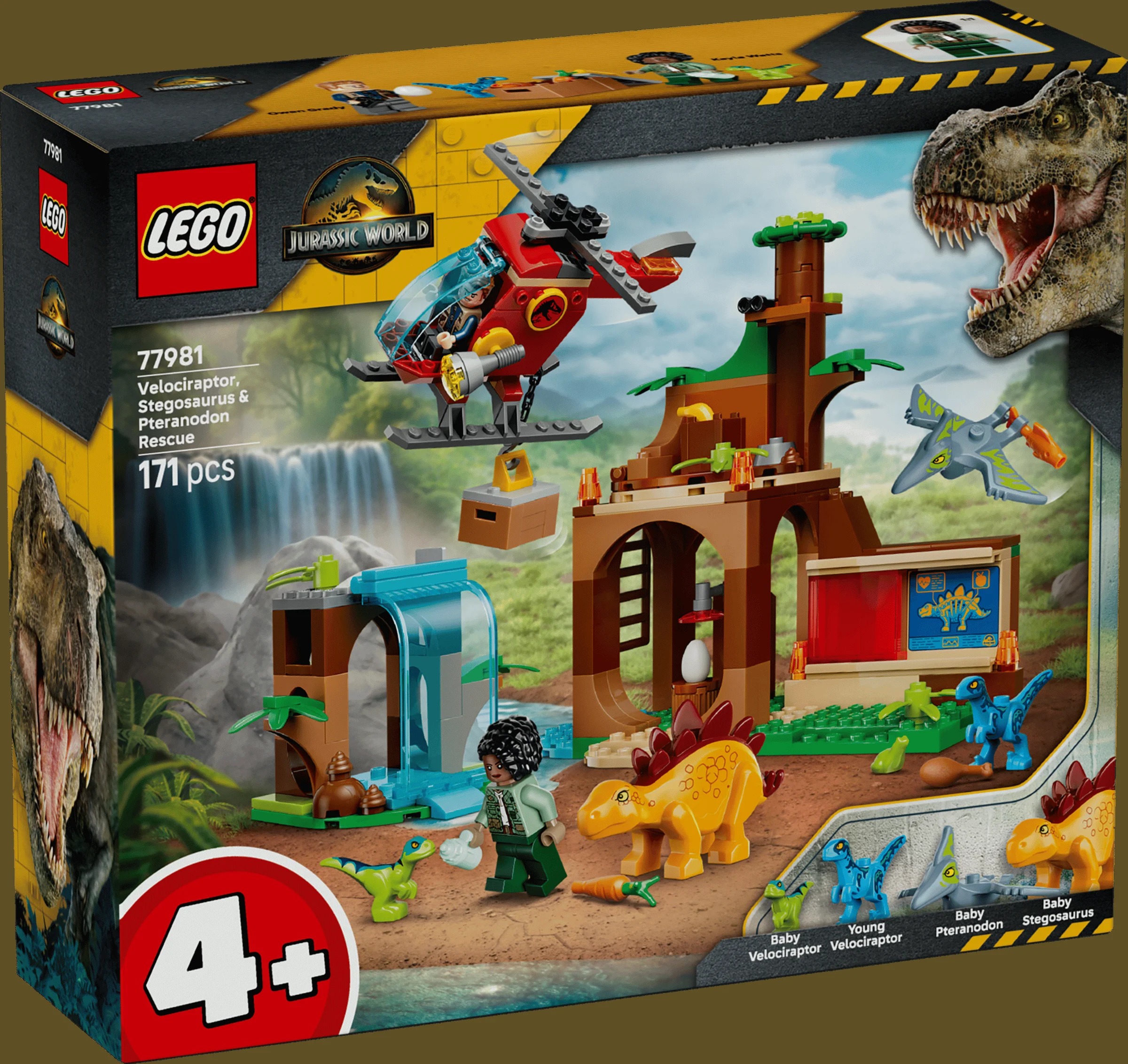 Cutia LEGO 77981 prezintă o scenă de salvare cu velociraptor, stegosaur și pteranodon.