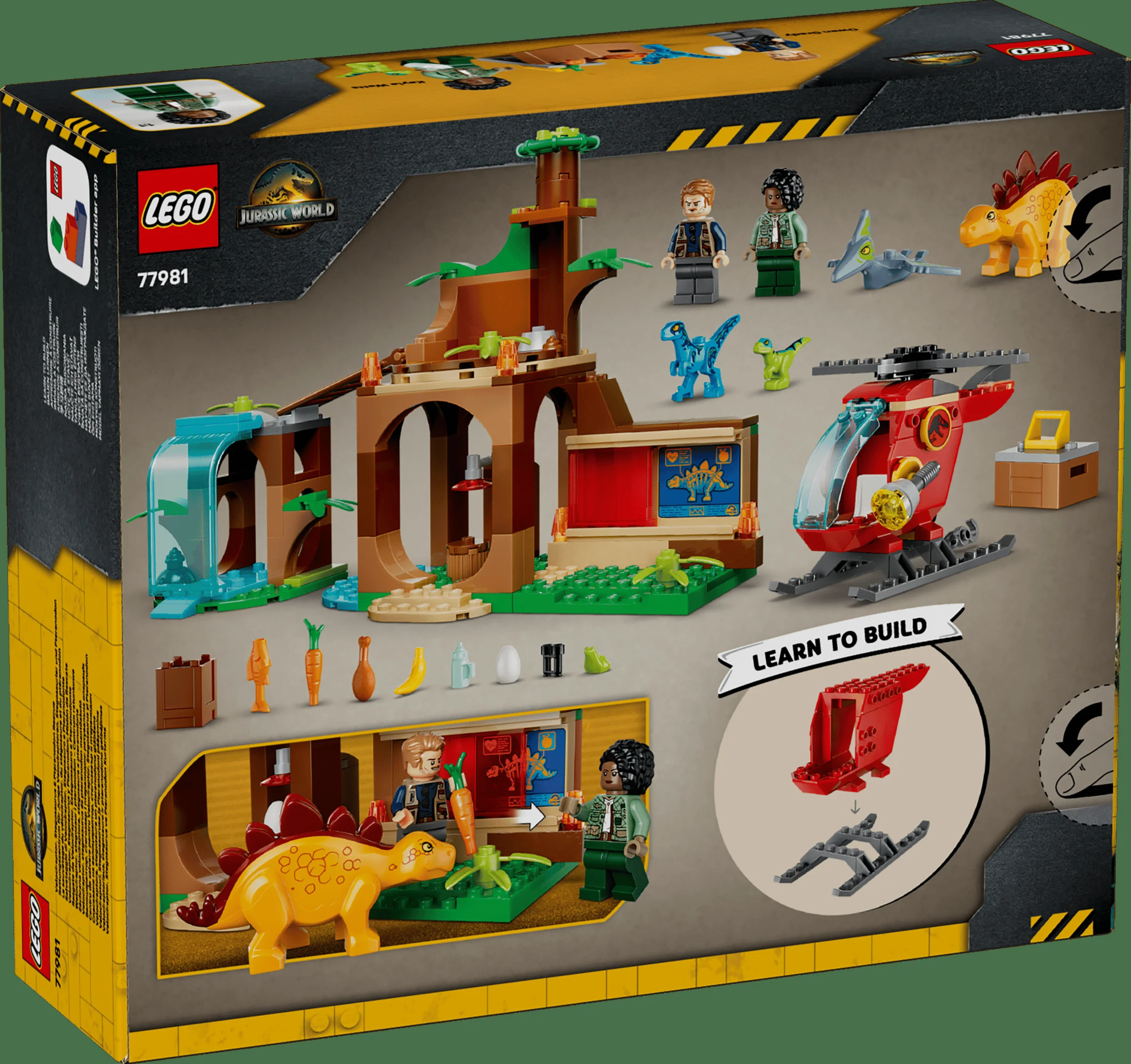 Imagine cu spatele cutiei setului LEGO 77981, arătând modelul și minifigurinele incluse.