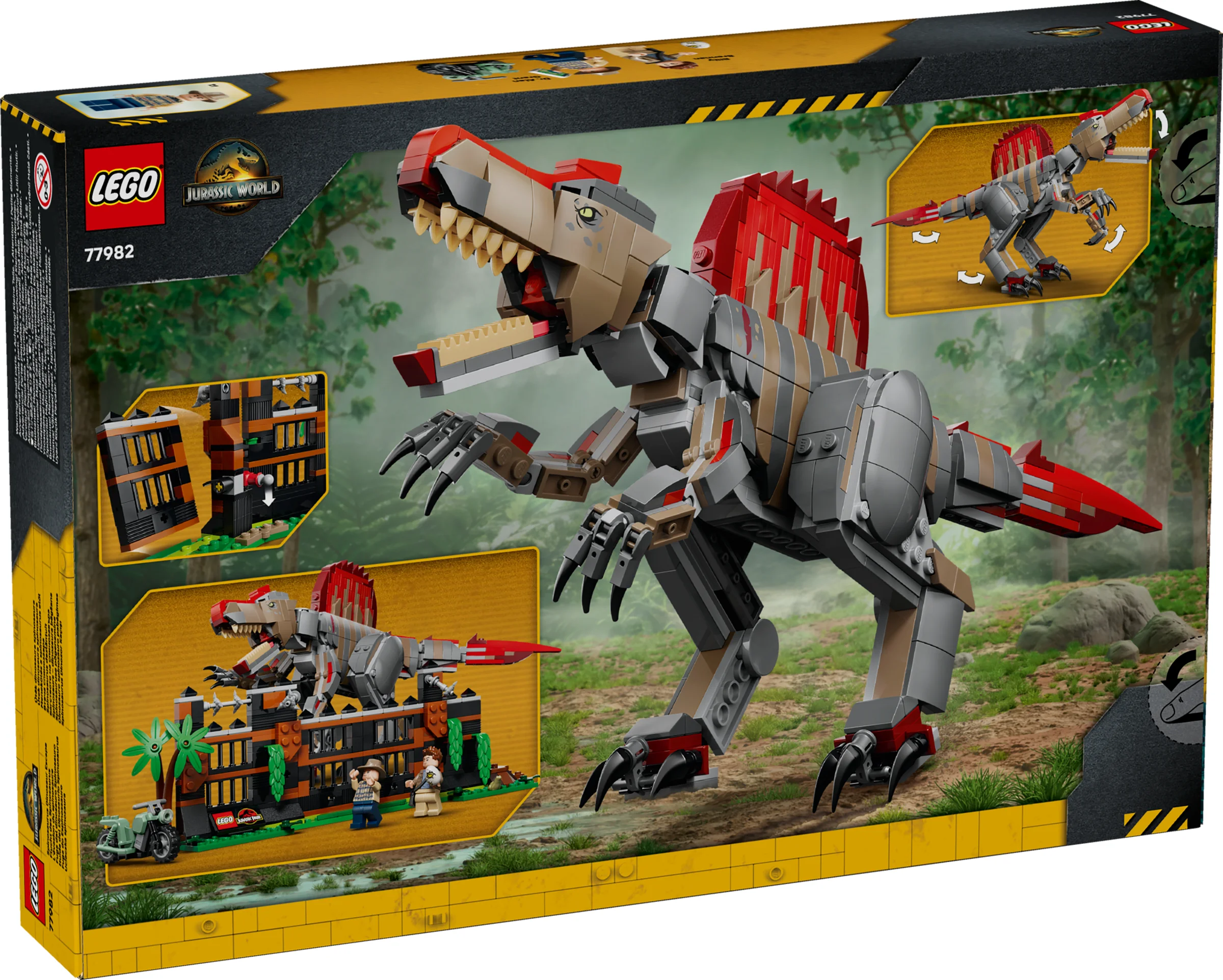 Cutia setului LEGO 77982 prezintă un Spinosaurus impunător și scene din Jurassic World.