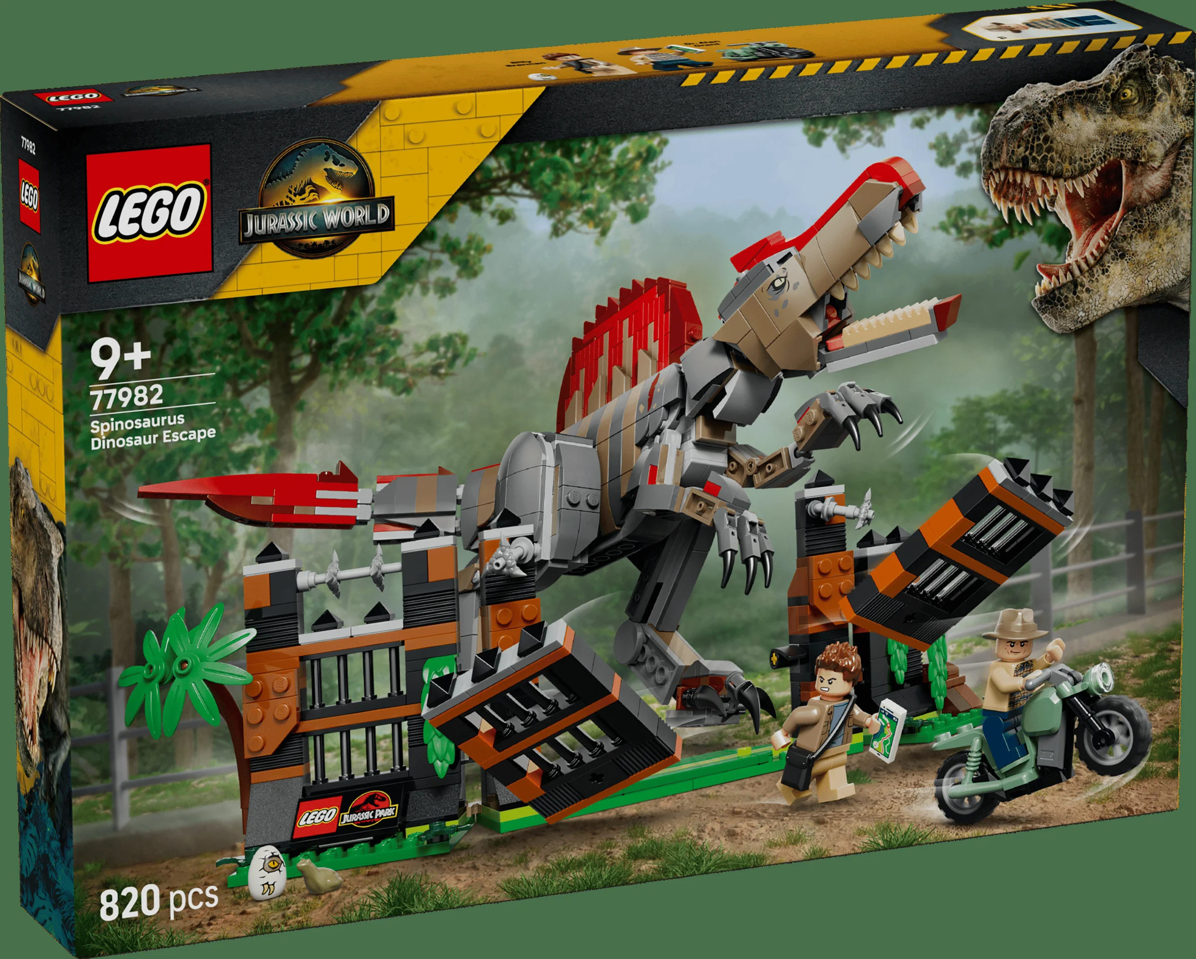 Cutie cu setul LEGO 77982, ce conține un Spinosaurus, o motocicletă și gardul secționat.