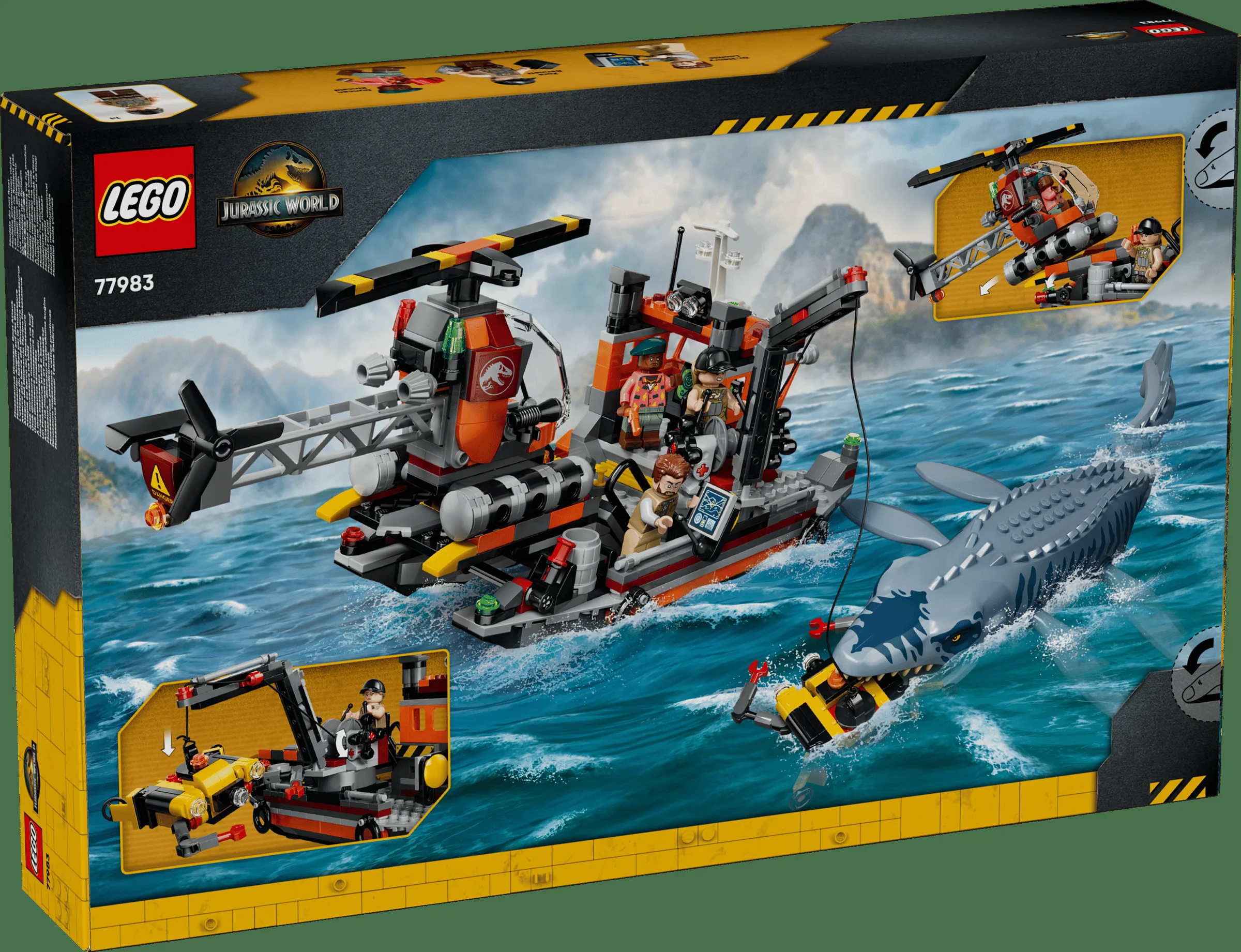 Cutia setului LEGO 77983, cu o scenă de atac a mosasaurului asupra unei bărci.