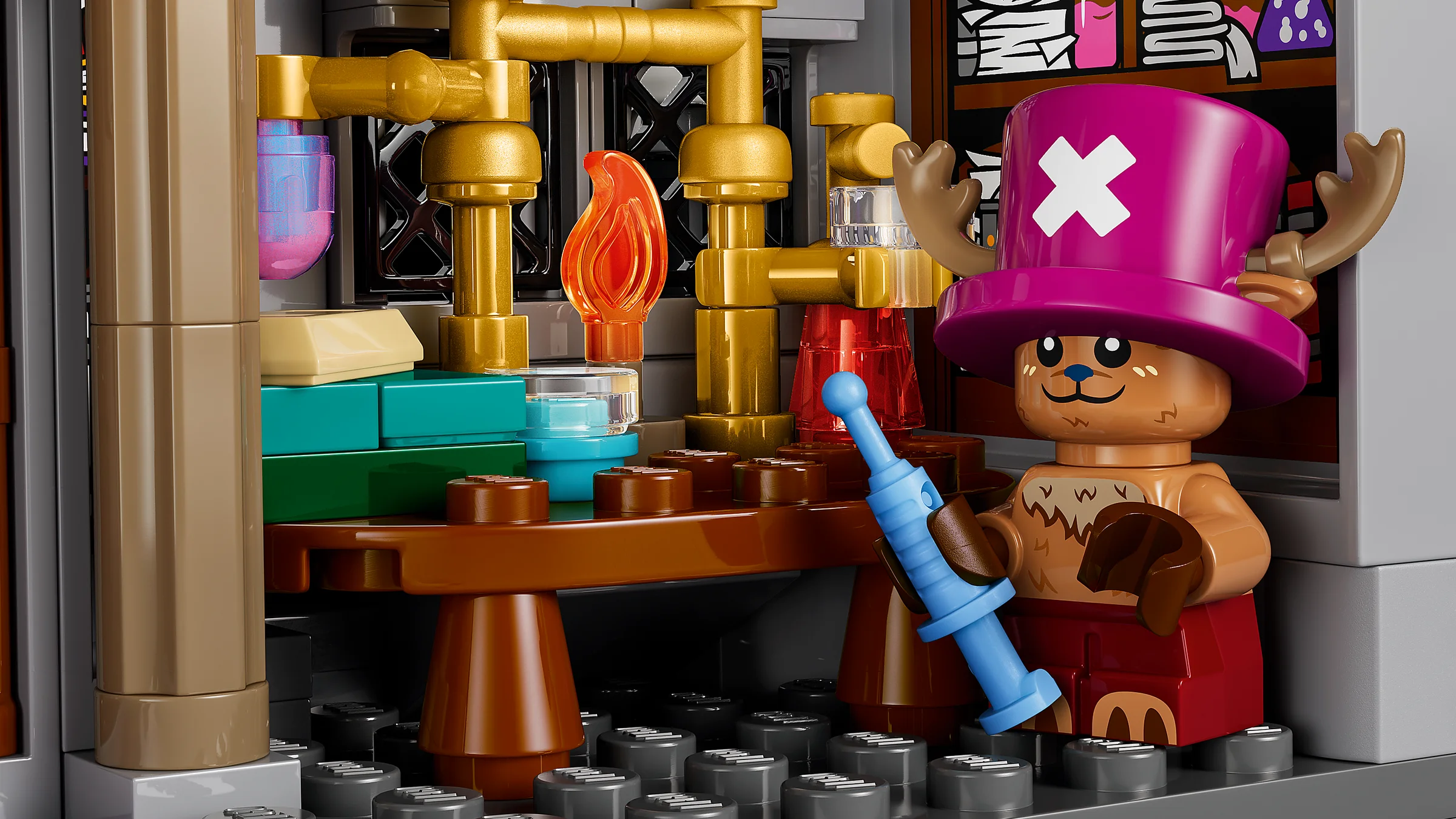 Prim plan cu Tony Tony Chopper și detaliile laboratorului său, o scenă detaliată.