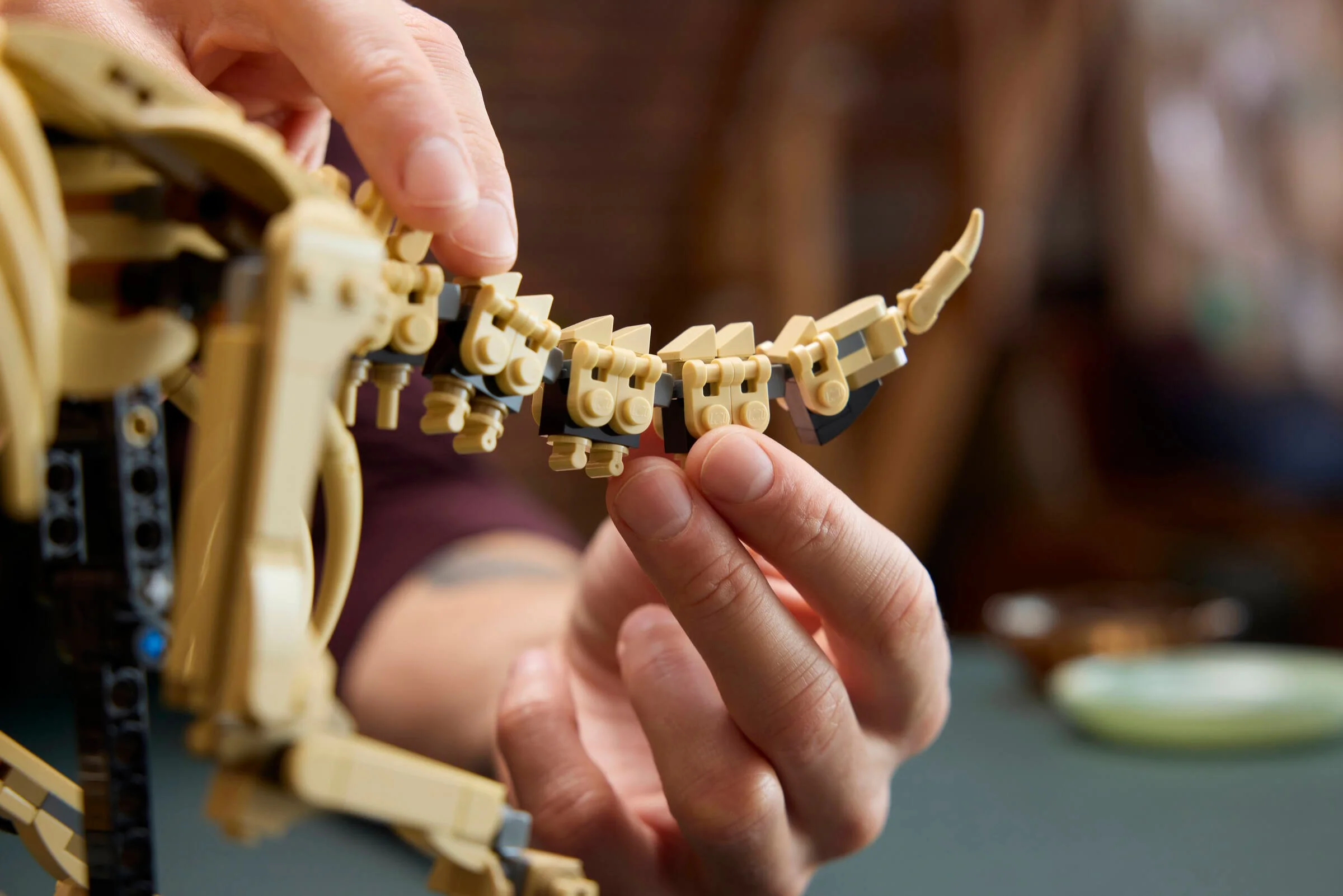 Asamblare detaliată a cozii scheletului de triceratops LEGO. Se observă detaliile de construcție.
