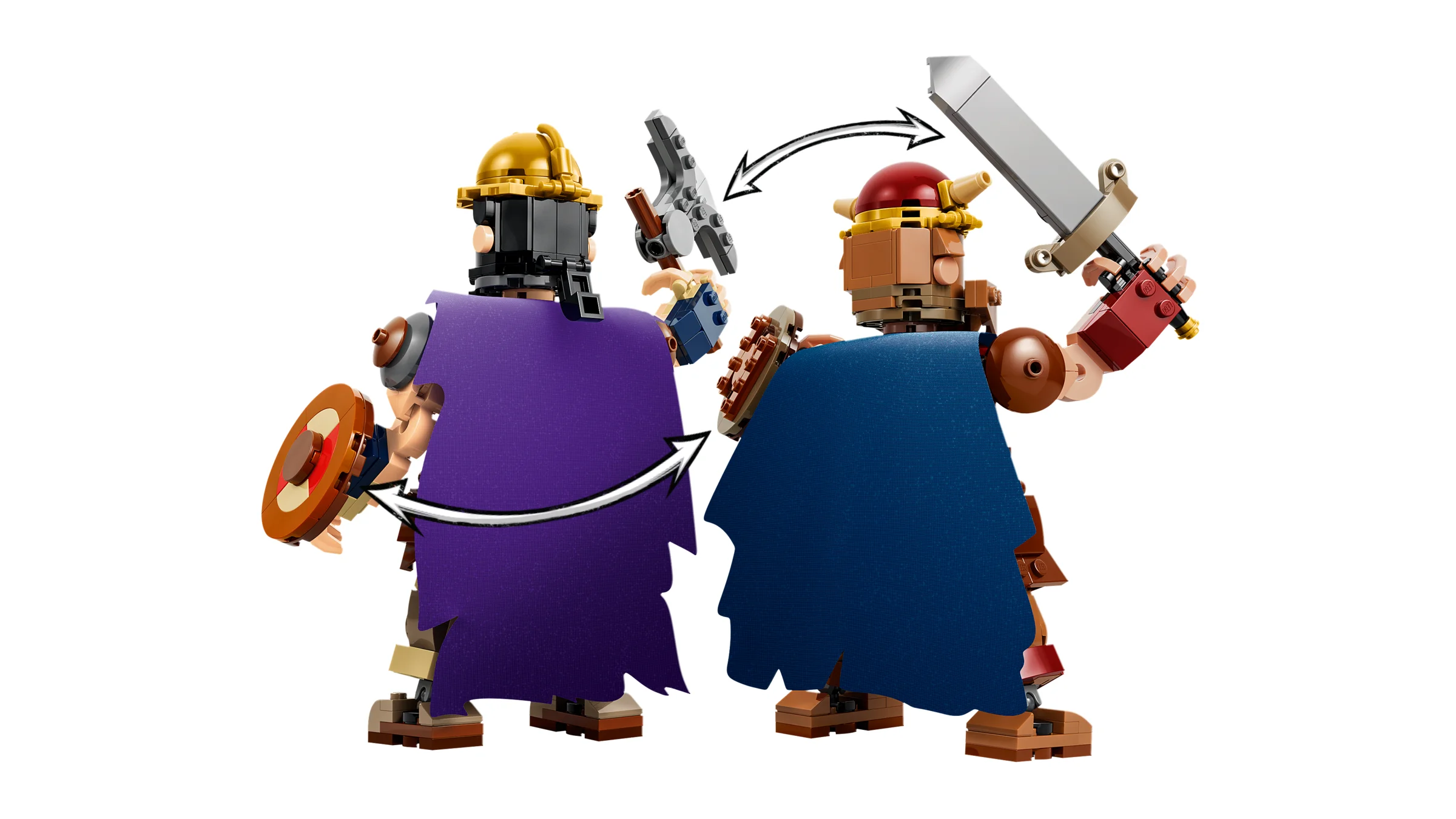Doi giganți LEGO cu pelerine și arme interschimbabile.