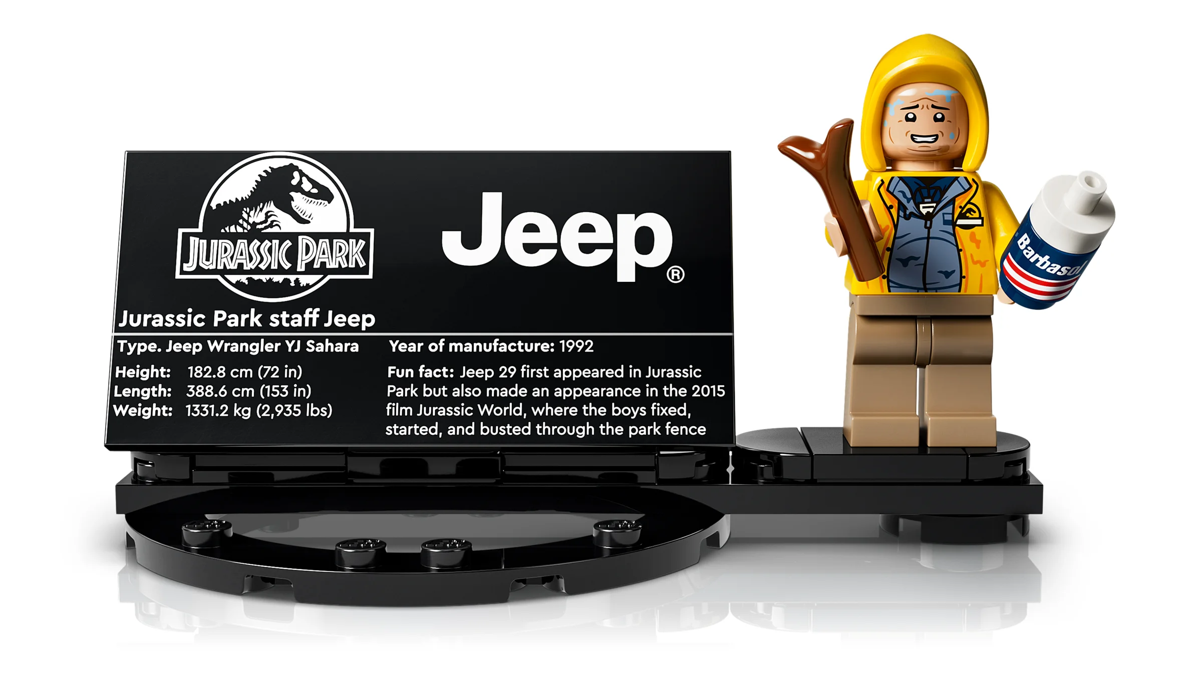 Prezentare cu detalii a minifigurinei Dennis Nedry și plăcuța cu specificațiile Jeep-ului Jurassic Park.