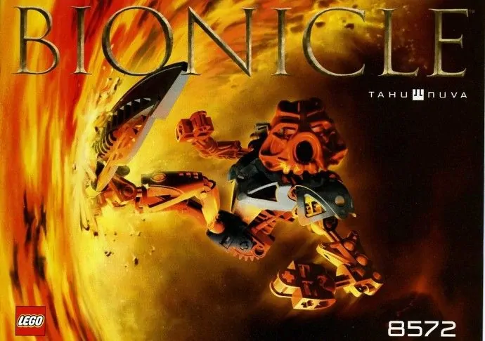 Setul LEGO Bionicle 8572 Tahu Nuva, figurină roșie articulată echipată cu două săbii de foc.